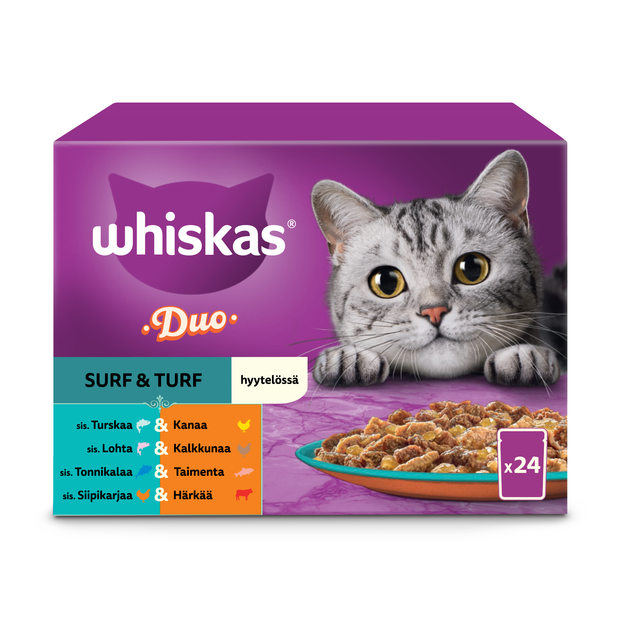 Whiskas 1+ Duo Surf & Turf hyytelössä (24 x 85 g)