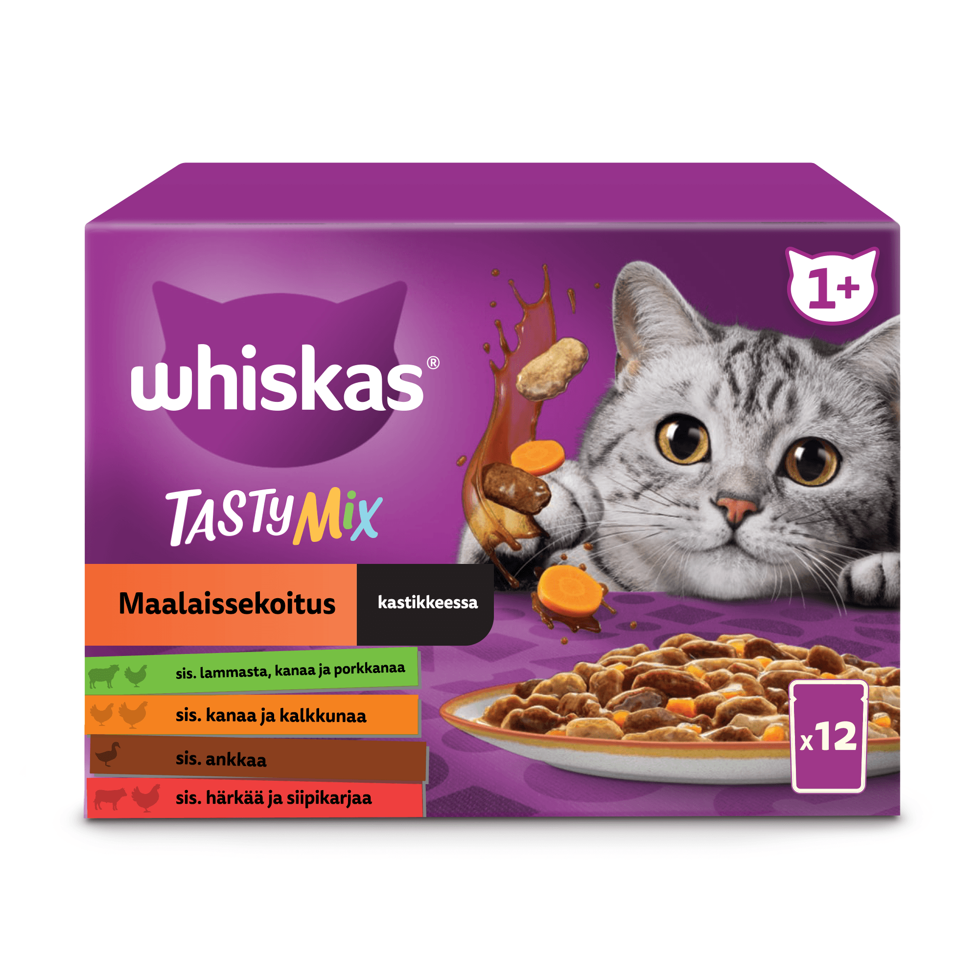 Whiskas 1+ Tasty Mix Maalaissekoitus kastikkeessa (12 x 85 g)