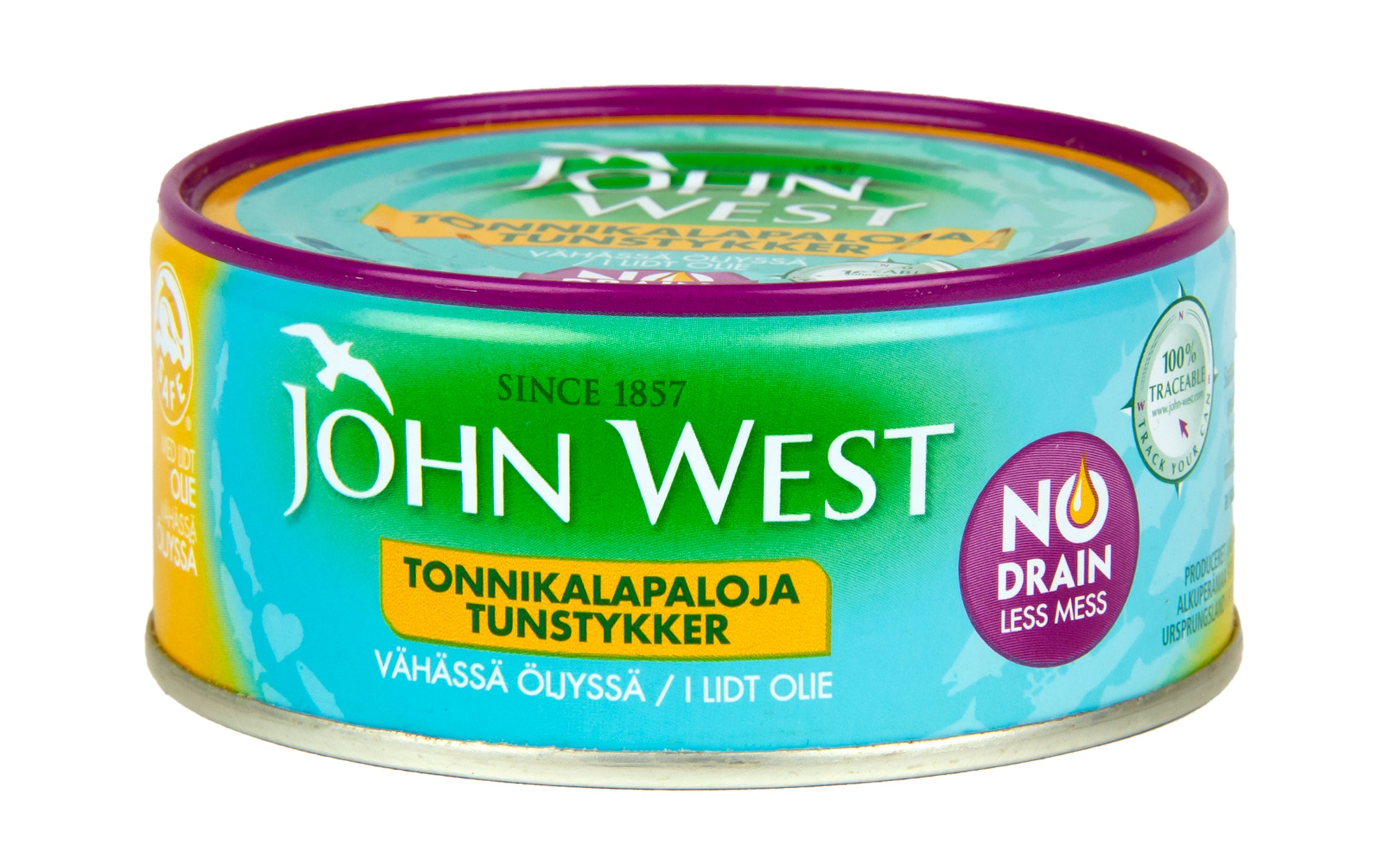 John West NoDrain Meheviä tonnikalapaloja valmiiksi valutettuina vähässä auringonkukkaöljyssä 120g