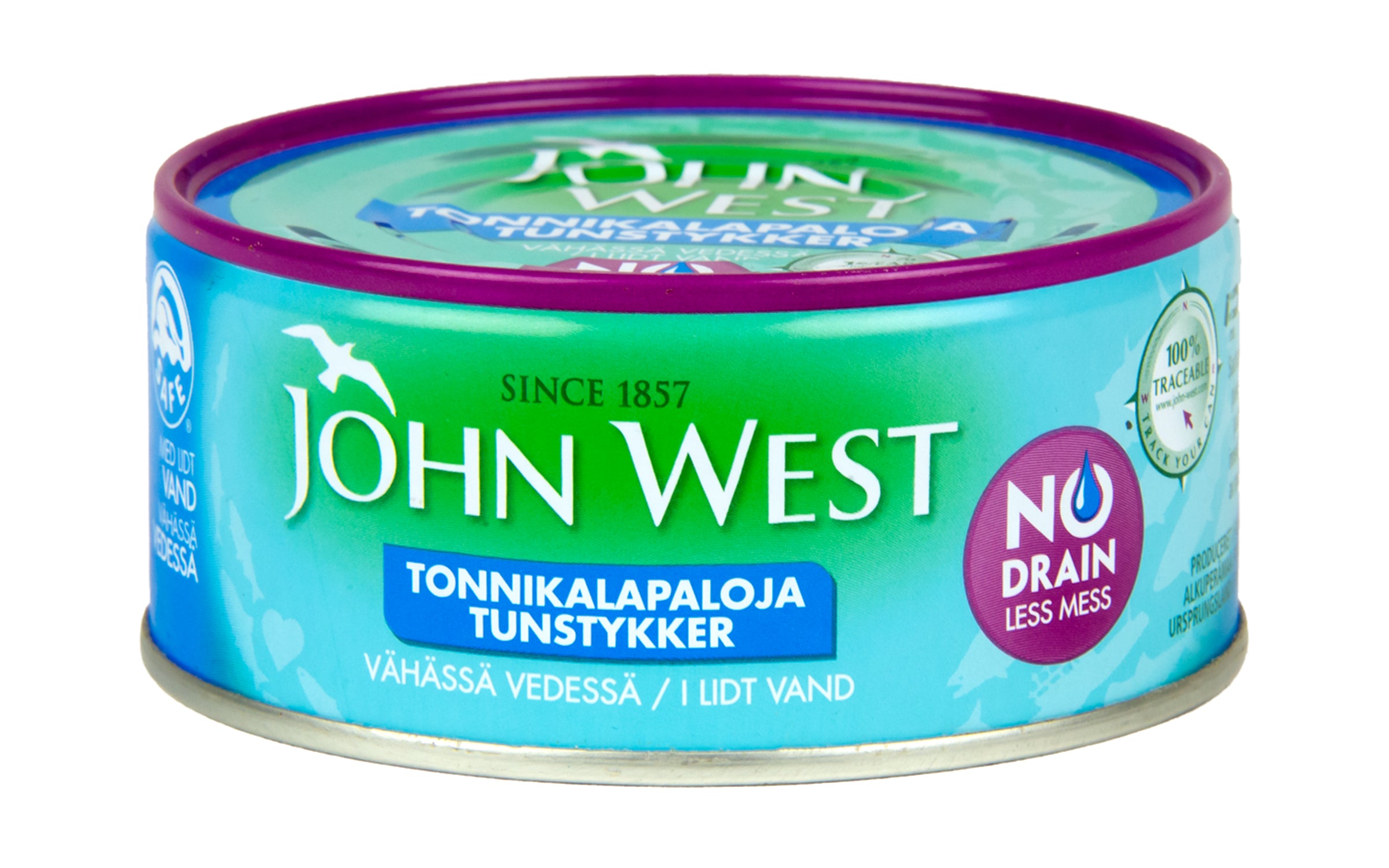 John West NoDrain Meheviä tonnikalapaloja valmiiksi valutettuina vähässä vedessä  120g