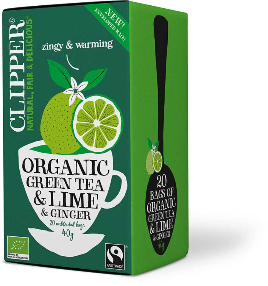 Clipper Limen ja inkiväärin makuinen luomu reilun kaupan vihreä tee 40g / 20 pussia