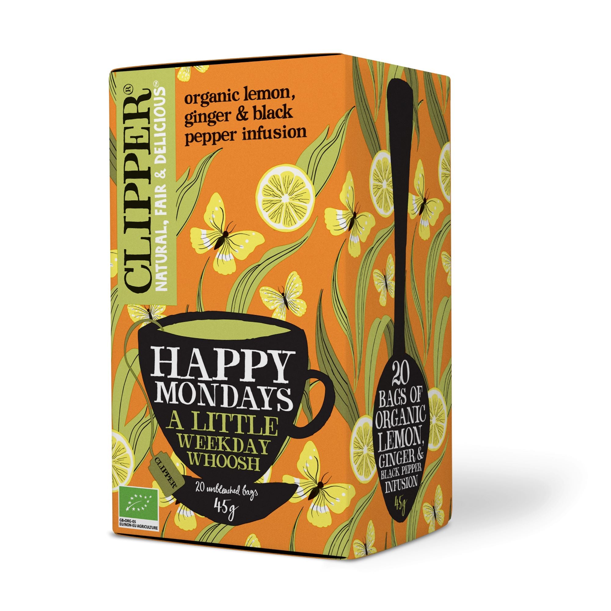 Clipper Happy Mondays. Sitruunan- ja inkiväärinmakuinen luomuhauduke, sisältää karkeaa mustapippuria 45g / 20 pussia