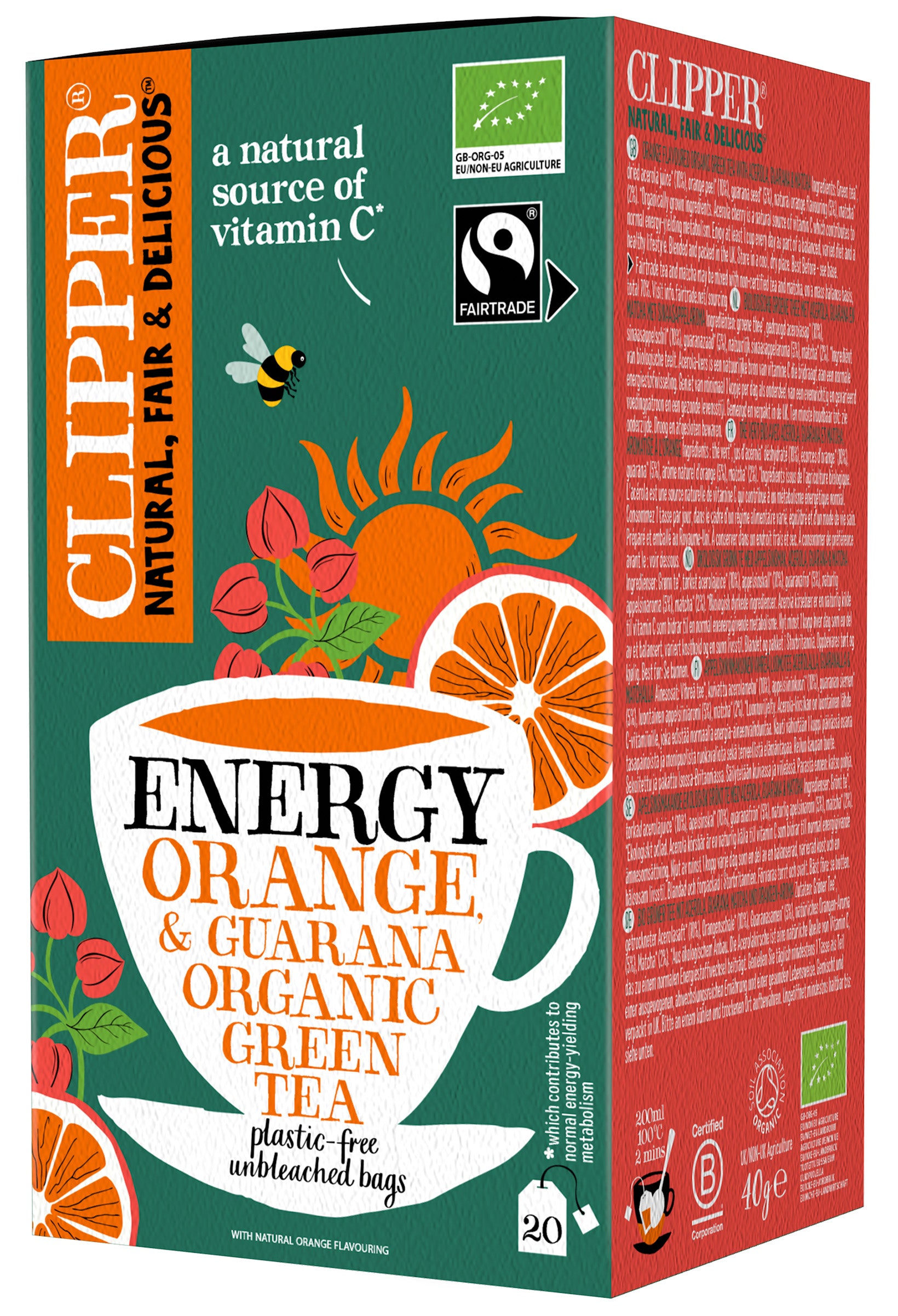 Clipper Appelsiininmakuinen vihreä luomutee acerolalla, guaranalla ja matchalla 20ps/40g