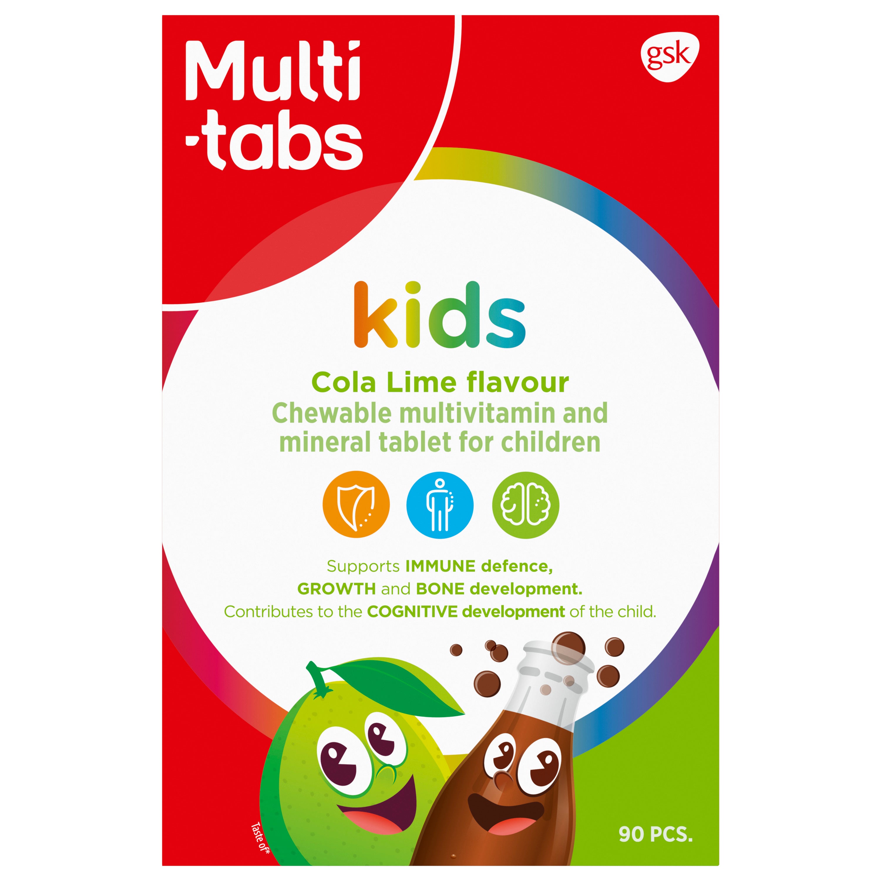Multi-tabs Kids Monivitamiini Kola-Lime, monivitamiini- ja kivennäisainetabletti lapsille, 90 purutablettia
