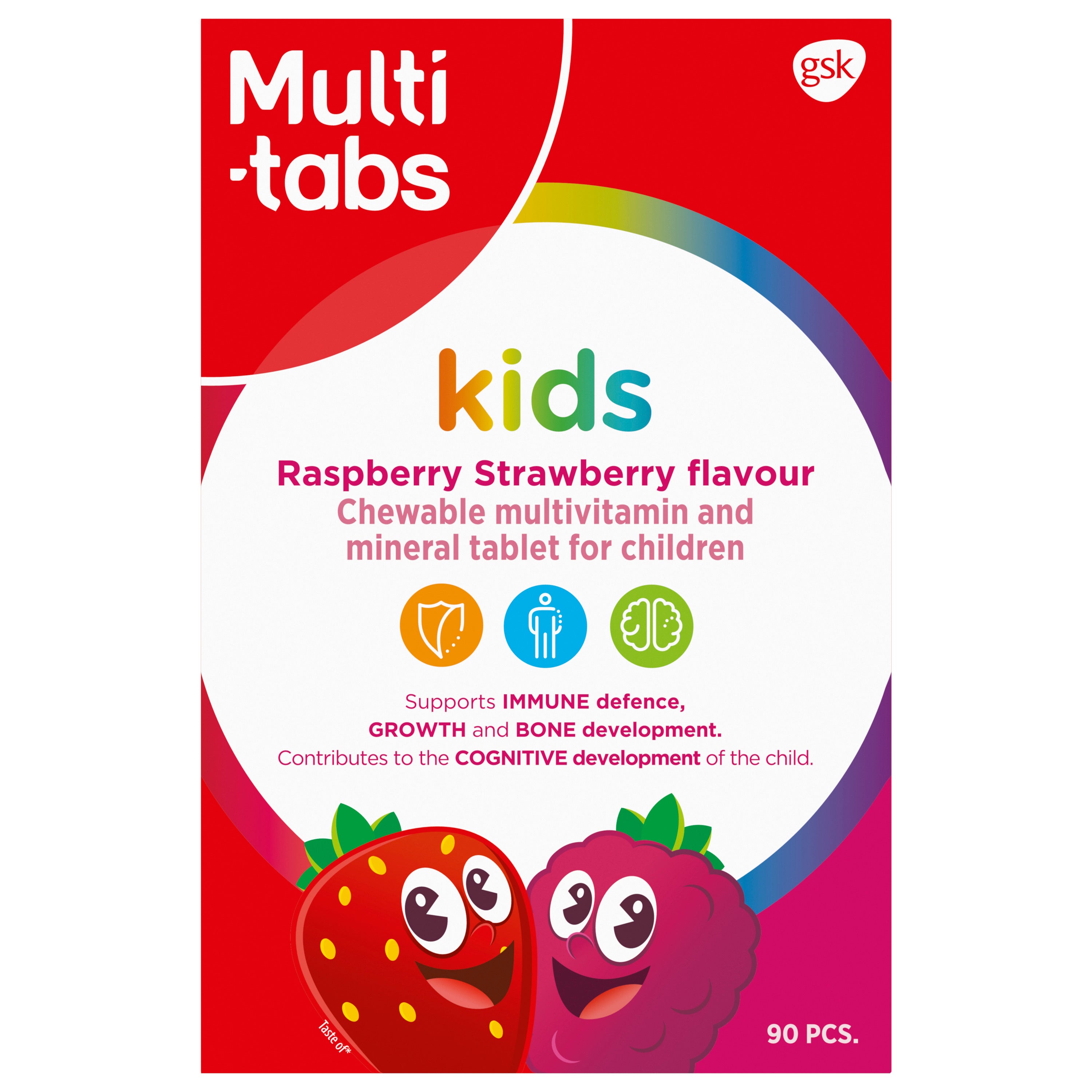 Multi-tabs Kids Monivitamiini Vadelma-Mansikka, Monivitamiini- ja kivennäisainetabletti lapsille, 90 purutablettia
