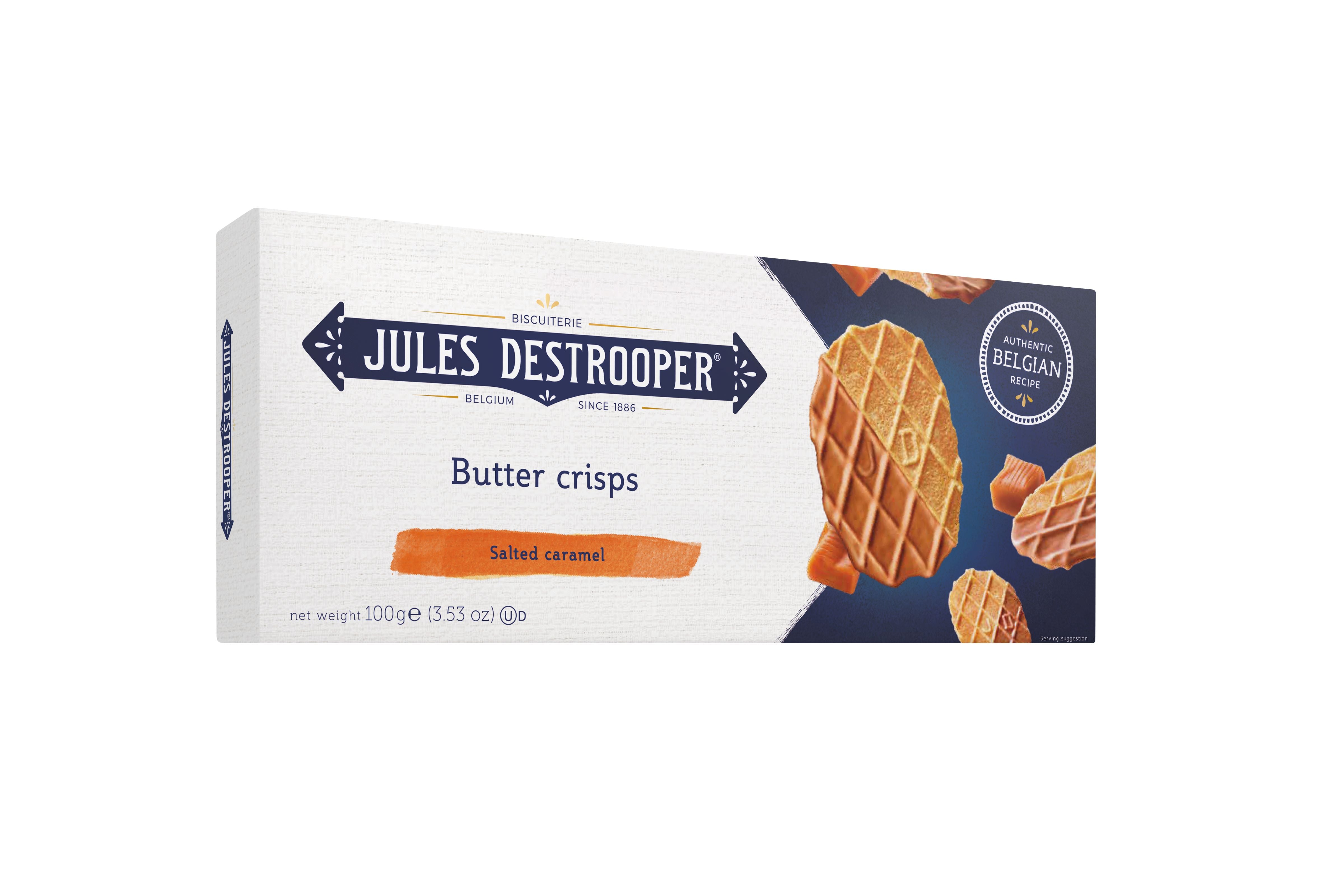 Jules Destrooper Butter Crisp Salted Caramel 100g, Voivohveli päällystetty suolatulla karamelliyhdistelmällä