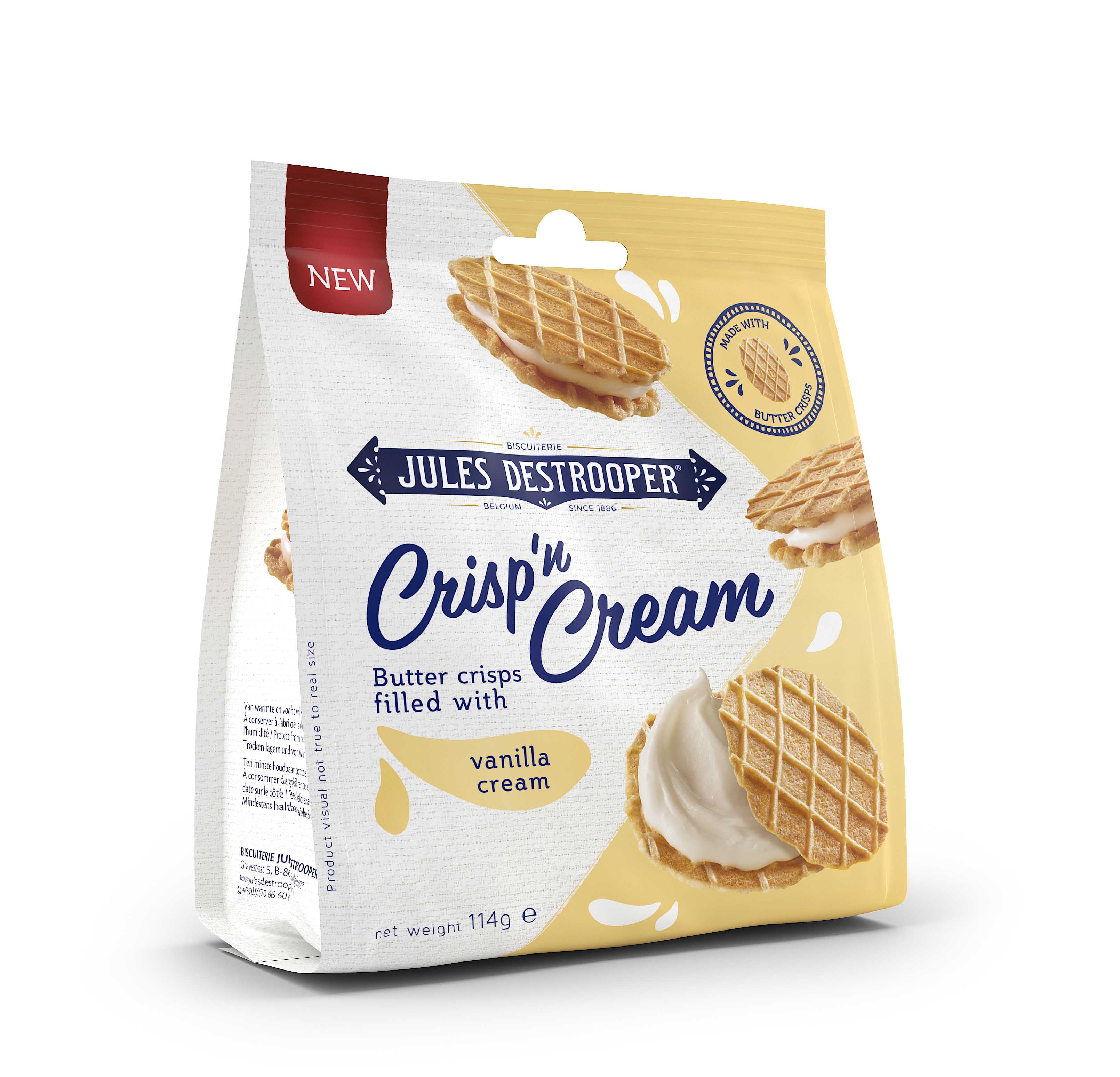 Jules Destrooper Crisp 'n Cream Vanilla 114g, Voikeksejä, joissa vaniljakreemitäytettä