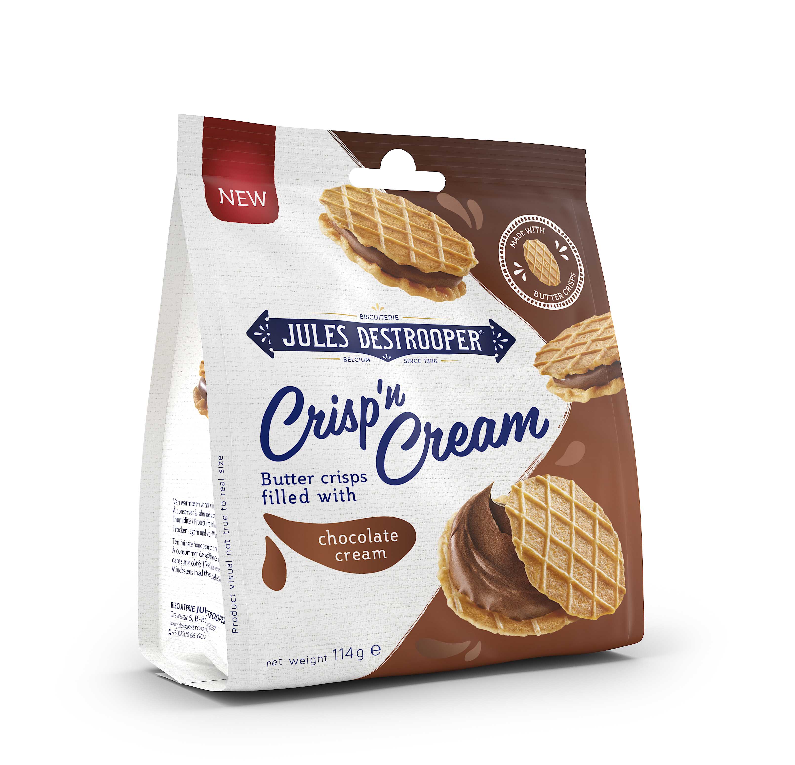 Jules Destrooper Crisp 'n Cream Chocolate 114g, Voikeksejä, joissa suklaakreemitäytettä