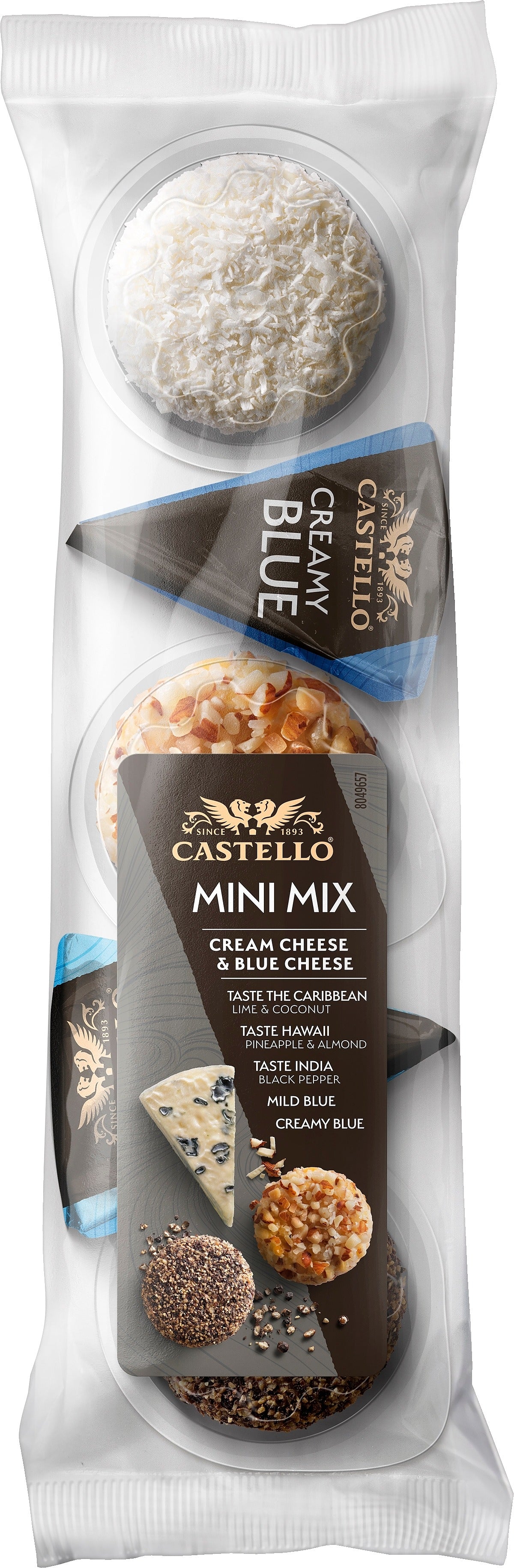 Arla Castello 5 x 20 g MiniMix 2 kpl sinihome à 20g, ananas-, manteli 20g, mustapippuri 20g, lime-kookos 20g juustolajitelma