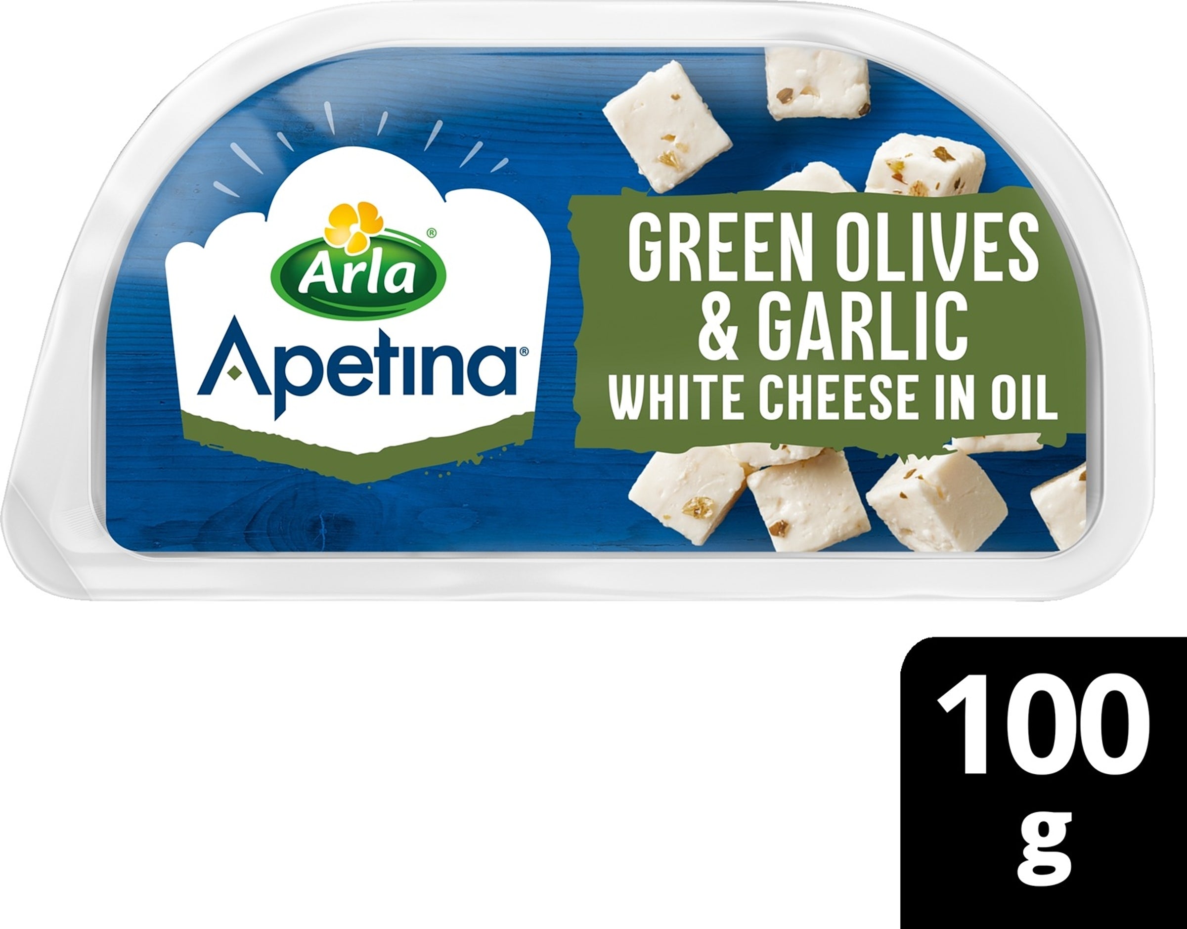 Arla Apetina 100/60g snack vihreitä oliiveja, valkosipulia ja välimerellisiä juustokuutioita öljyssä