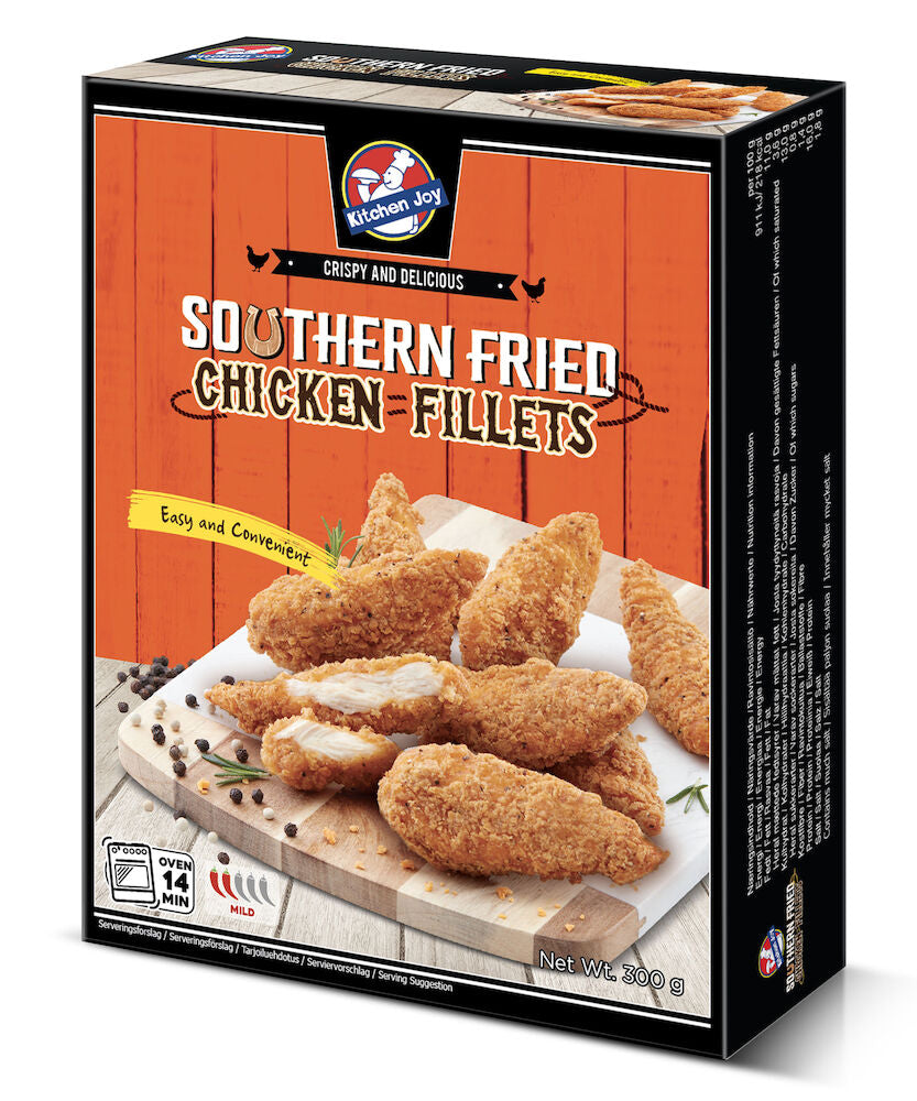 300g Kitchen Joy Southern Fried Chicken Fillets, Marinoitu, paneroitu ja paistettu kanan sisäfile, pakaste