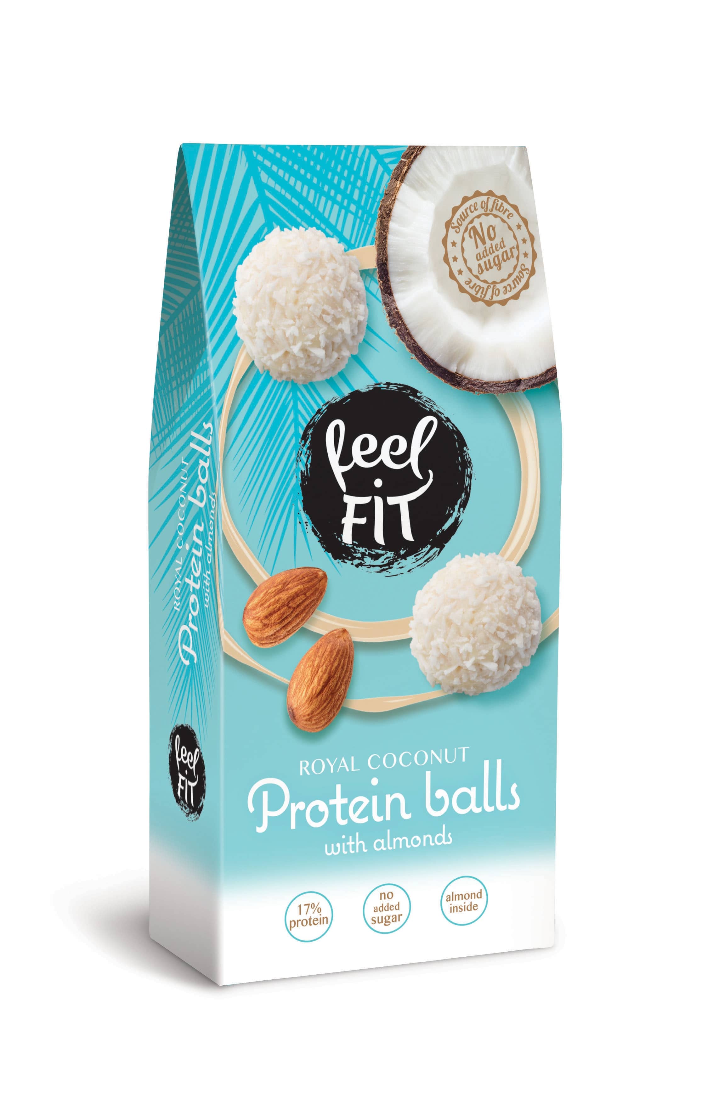 Feelfit proteiini vohvelipallot 63g kookosmaustetulla kermatäytteellä ja mantelilla, kuorrutettu kookoshiutaleilla.