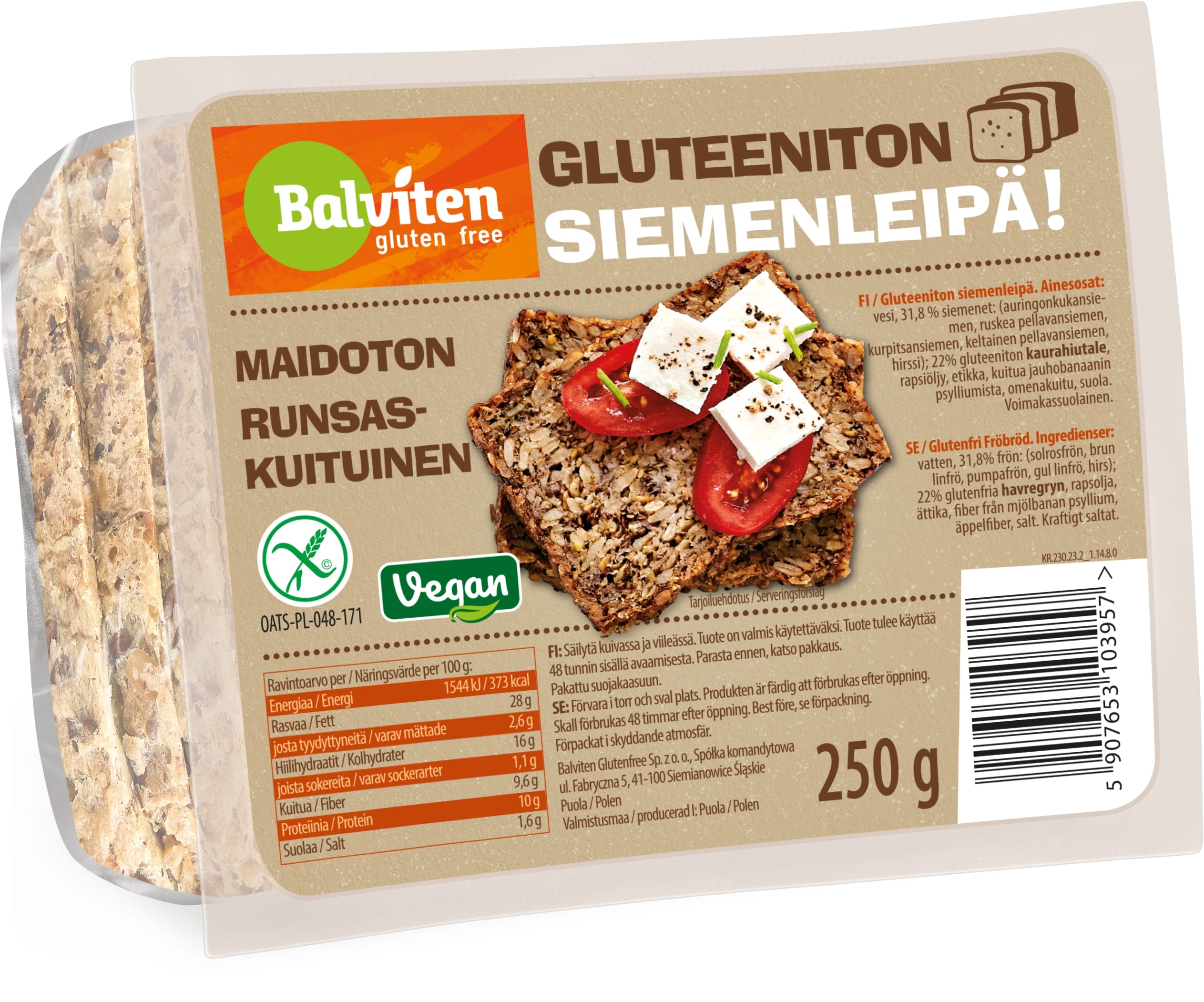 Balviten Gluteeniton Siemenleipä 250g