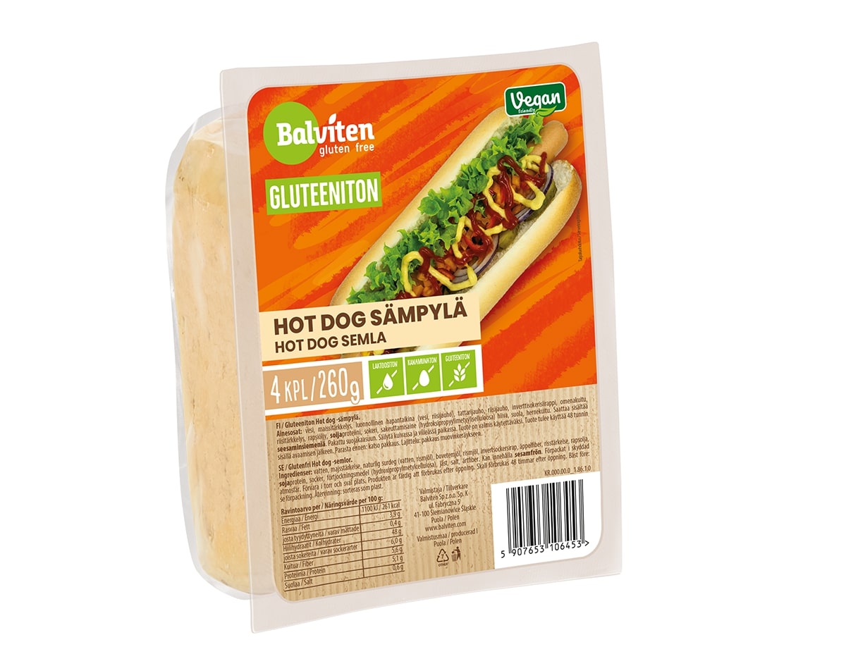 Balviten Gluteeniton hot dog -sämpylä 4 x 65g