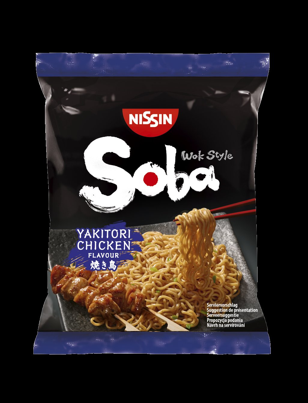 Nissin 110g Soba Bag Aasialaistyylinen pikanuudeli, yakitori kanan makuinen
