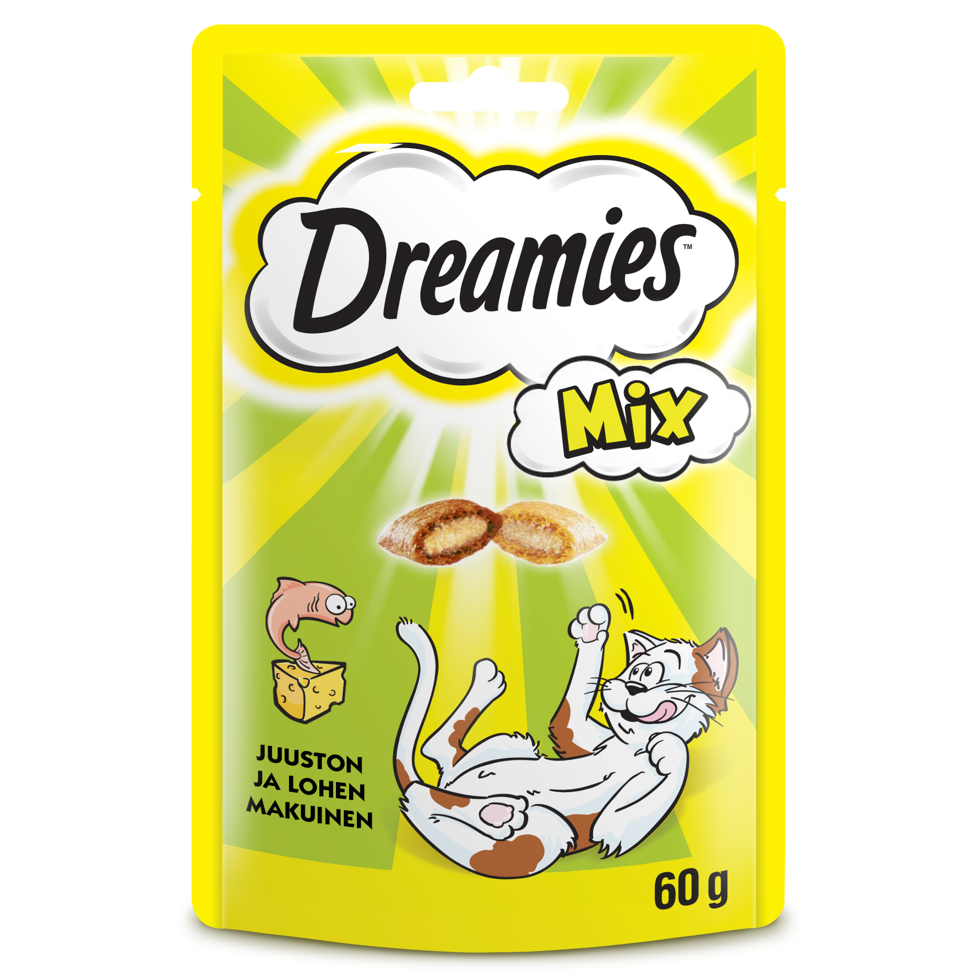 Dreamies Mix sis. Lohta & Juustoa - Kissanherkku pussissa - (60 g)