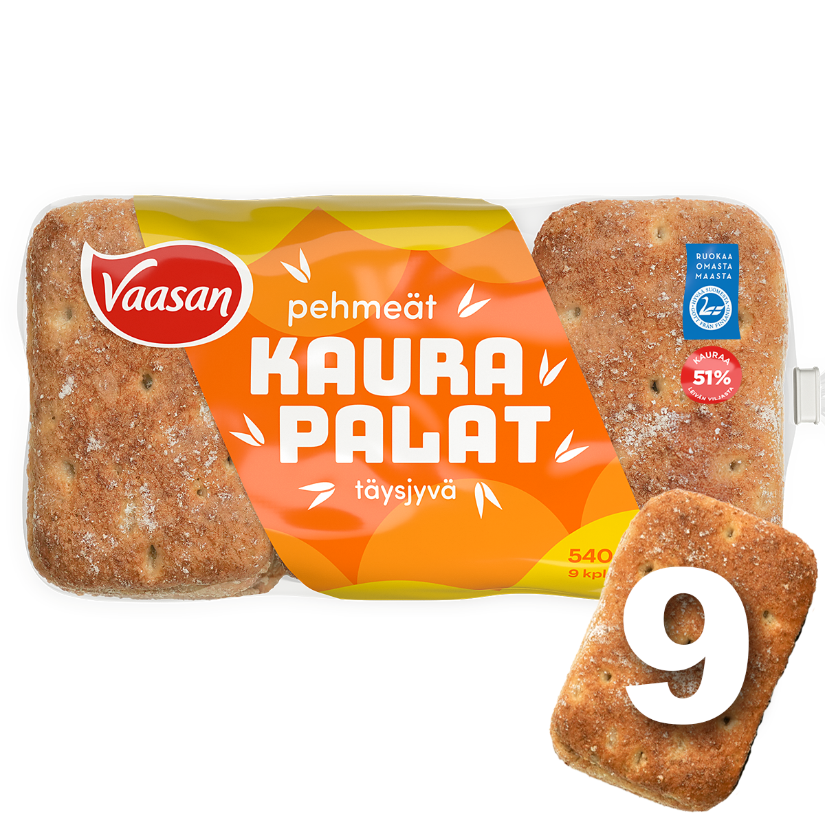 Vaasan Pehmeät Kaurapalat 540g 9kpl täysjyväkauraleipä