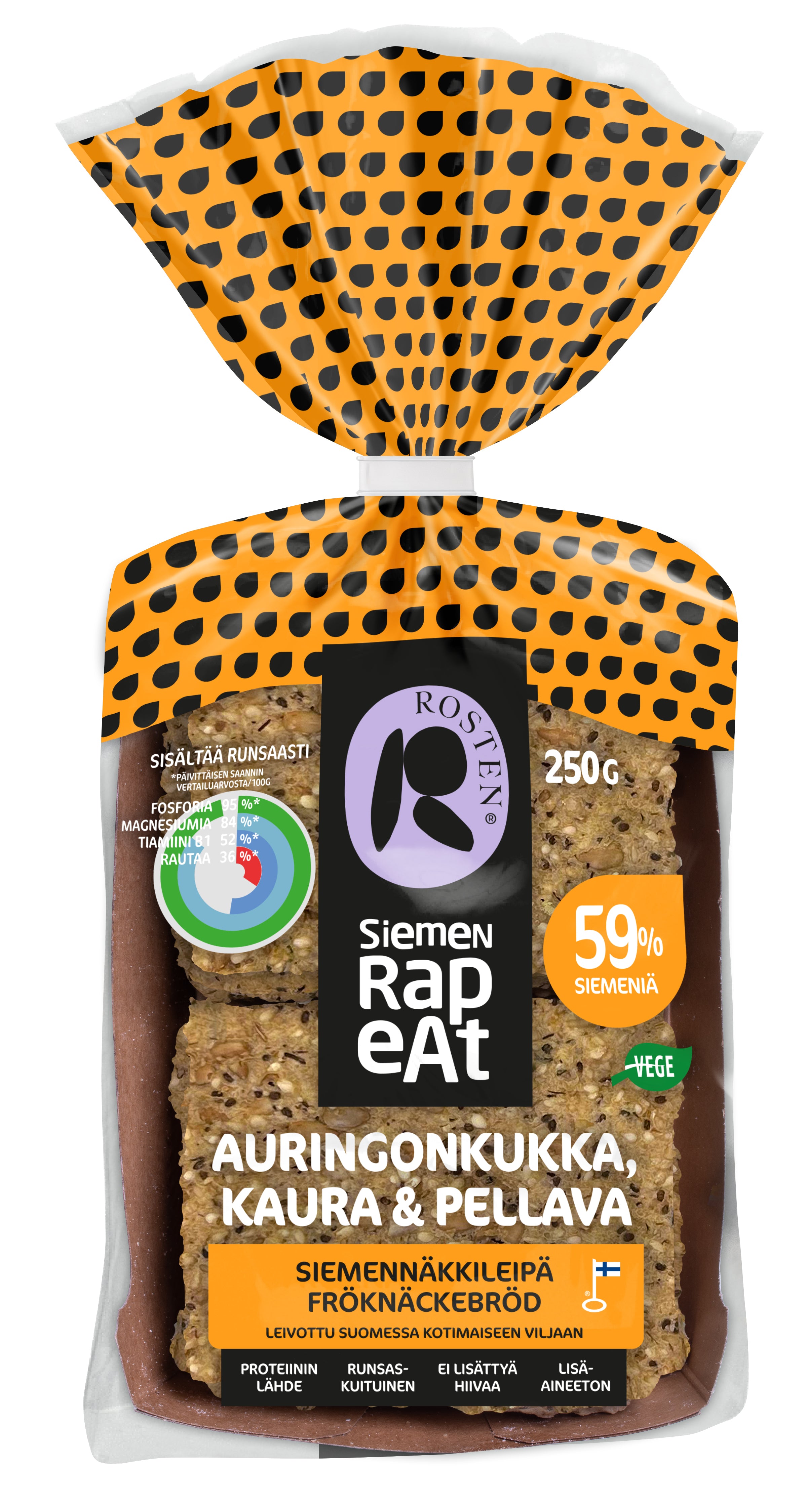 Rosten Auringonkukka, kaura & pellava siemennäkkileipä 12kpl 250g