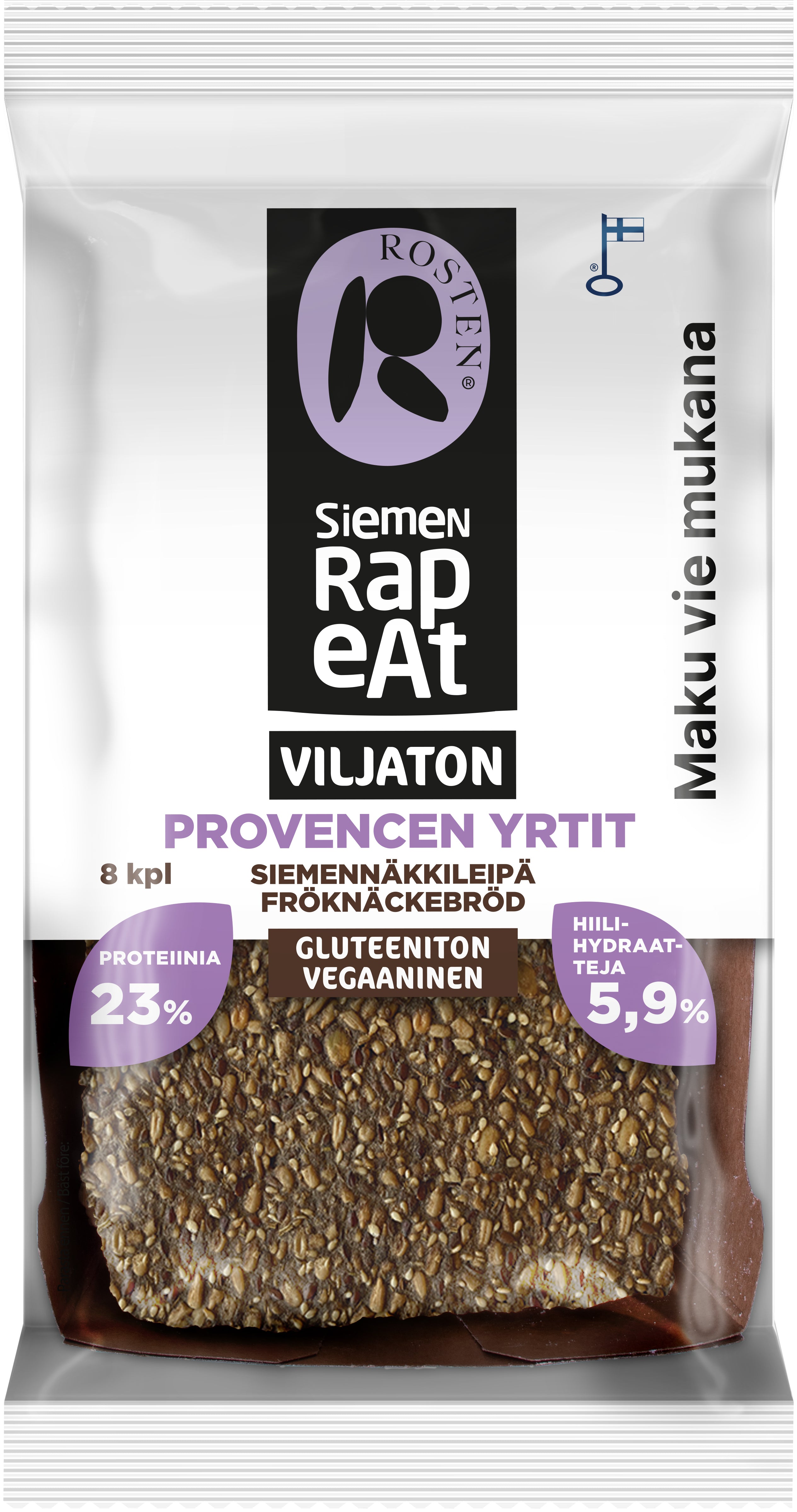 Rosten Siemenrapeat Viljaton siemennäkkileipä Provencen yrtit 8 kpl 170 g