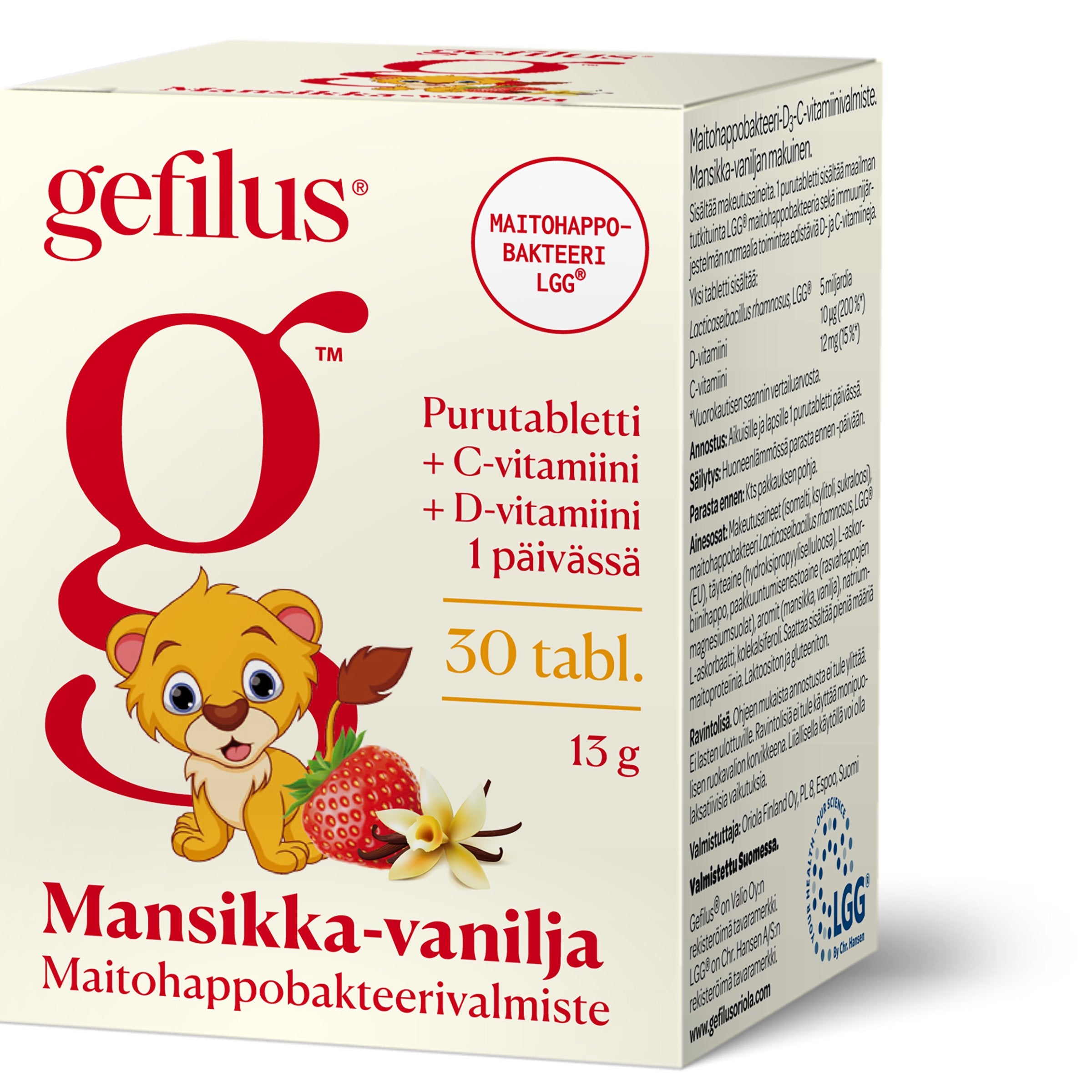 Gefilus mansikka maitohappobakteeri-D3-C-vitamiinivalmiste purutabletti 30tabl 13g gravintolisä