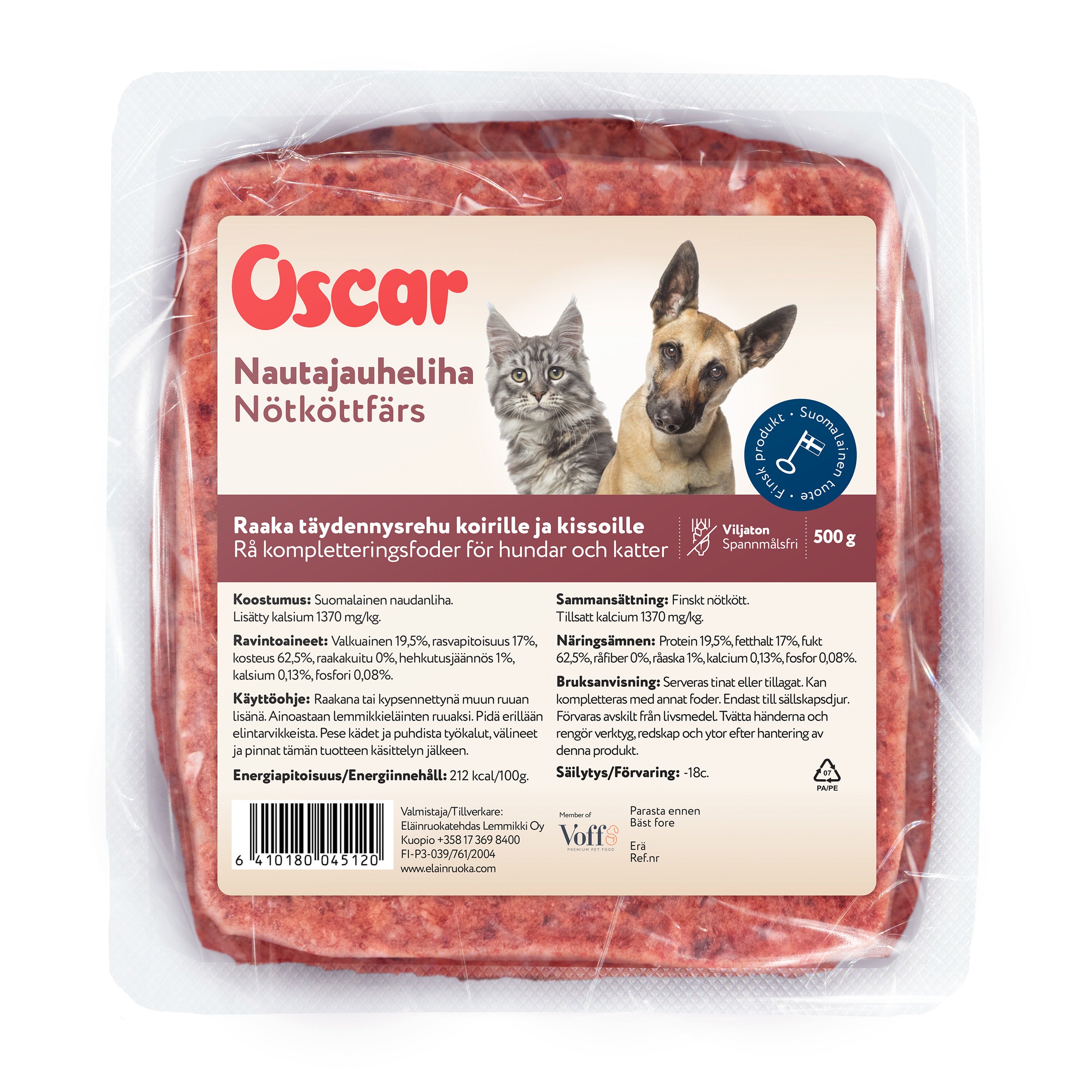 Oscar Nautajauheliha raakapakastettu täydennysravinto koirille ja kissoille 500g