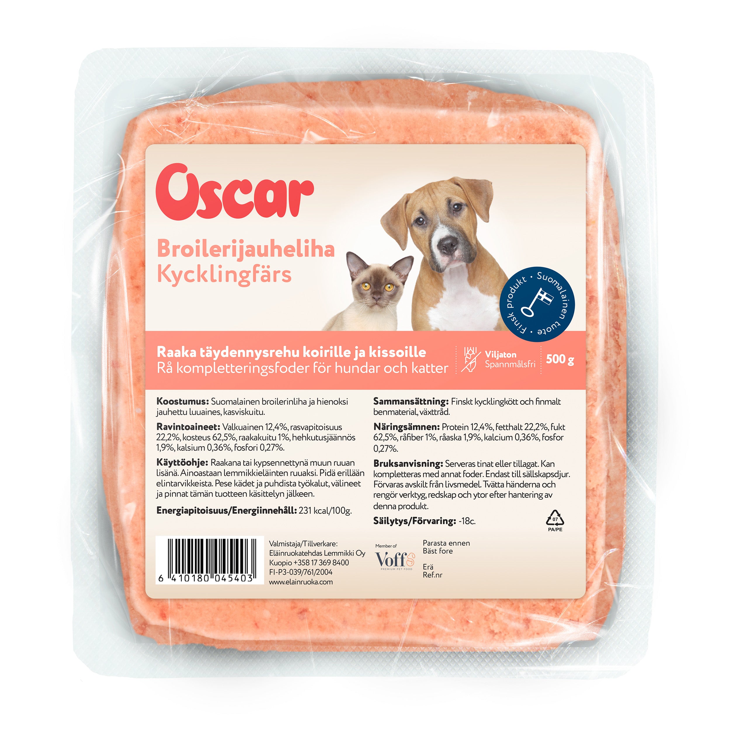 Oscar Broilerijauheliha raakapakastettu täydennysravinto koirille ja kissoille 500 g