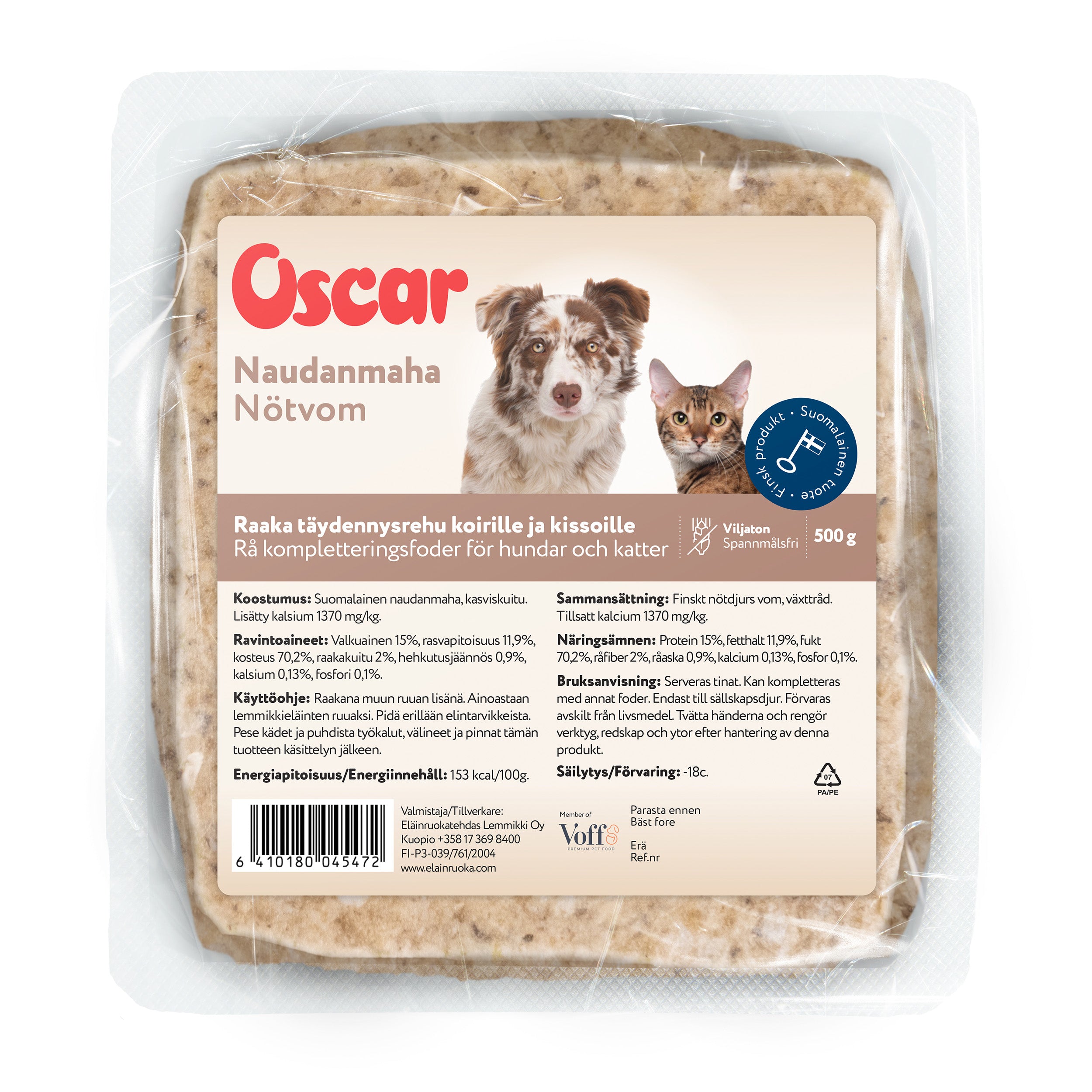Oscar Naudanmaha raakapakastettu täydennysravinto koirille ja kissoille 500 g