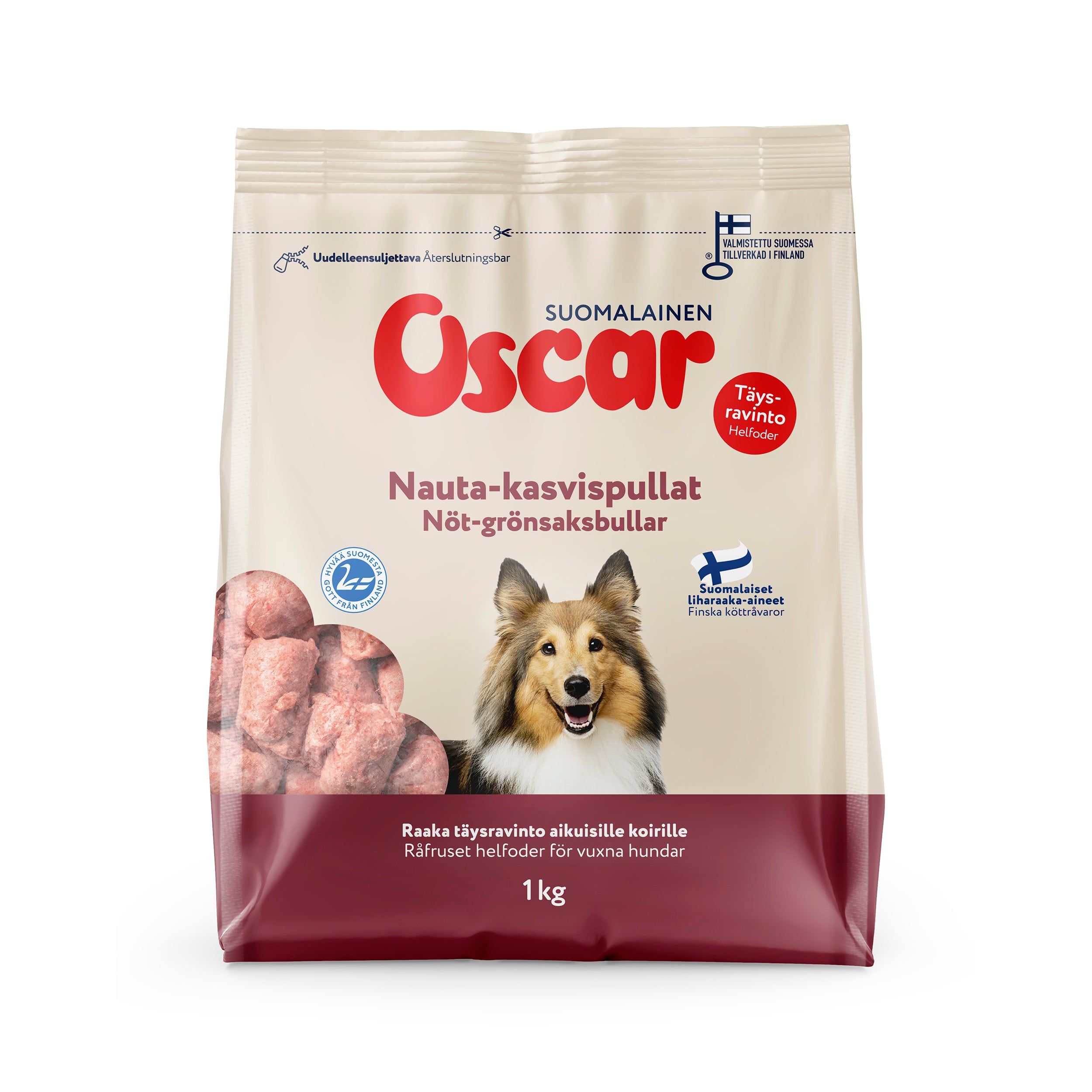 Oscar Nauta-kasvispullat raakapakastettu täysravinto koirille 1kg