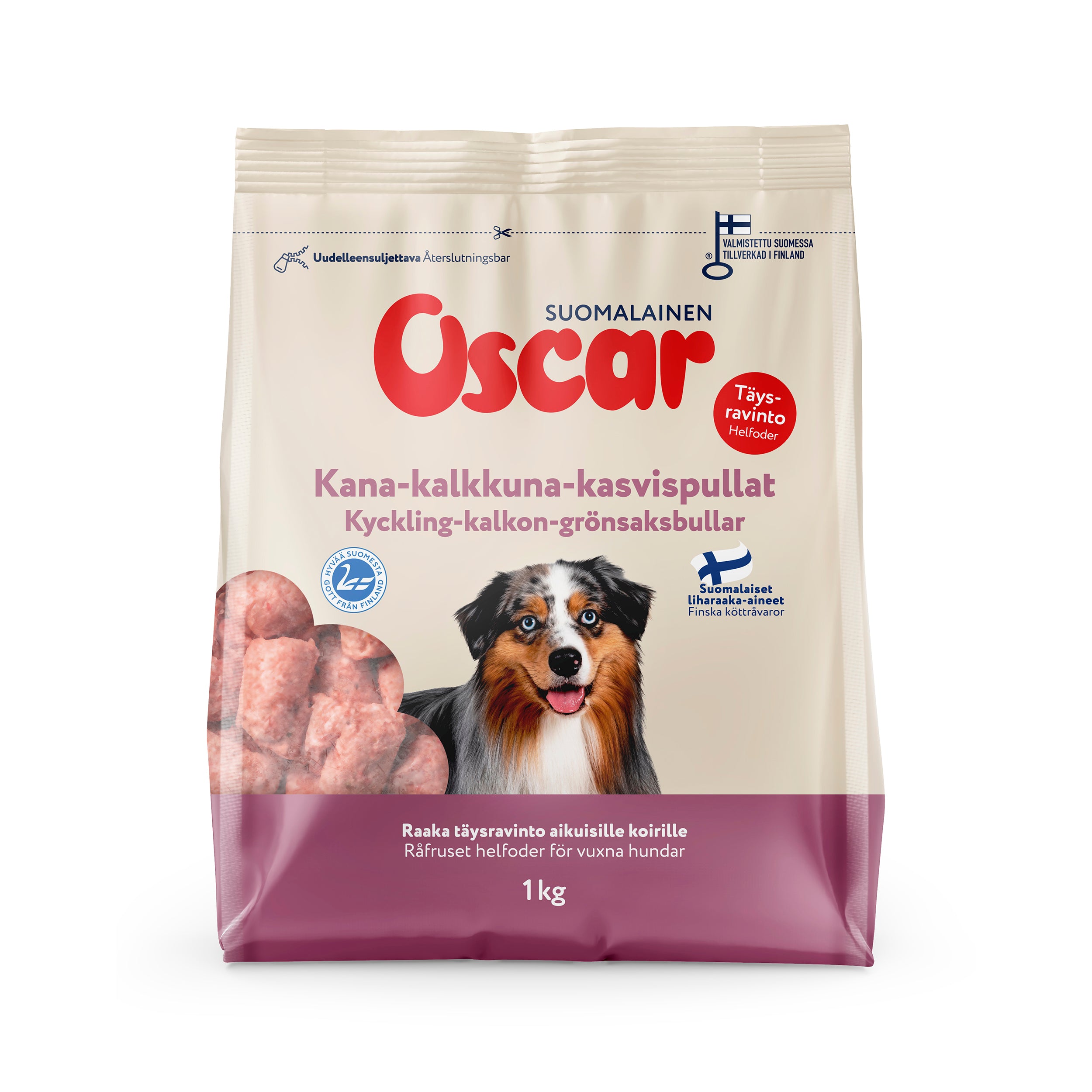 Oscar Kana-kalkkuna-kasvispullat raakapakastettu täysravinto koirille 1kg