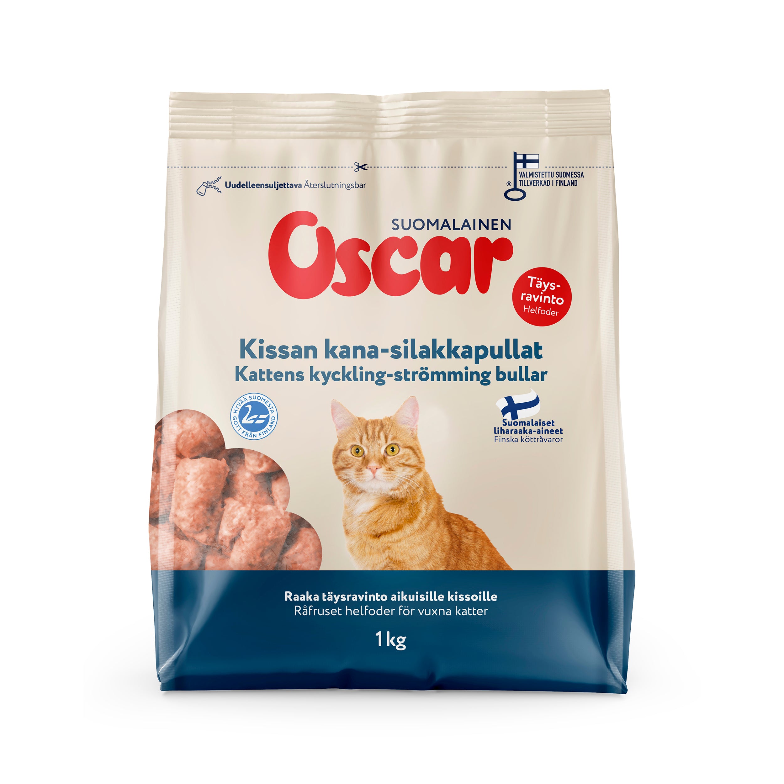 Oscar Kissan kana-silakkapullat raakapakastettu täysravinto kissoille 1kg