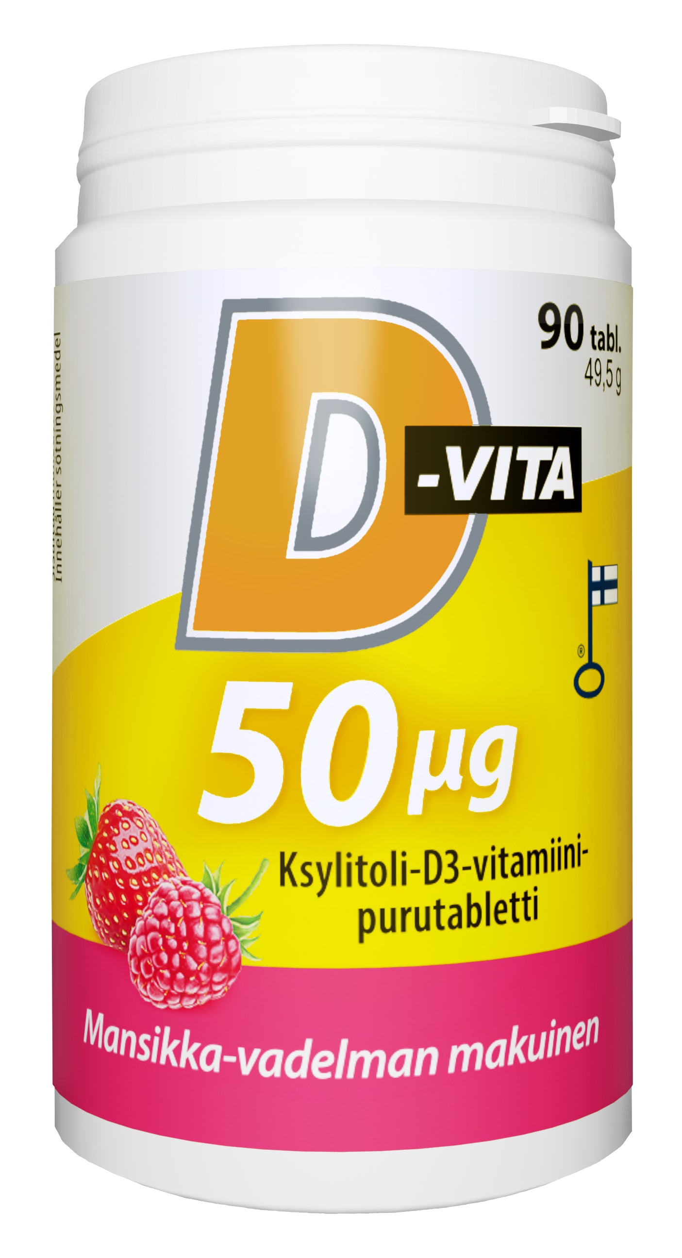 D-Vita 50 µg mansikka-vadelmanmakuinen 90 tabl ksylitoli-D3-vitamiinipurutabletti, Vitabalans