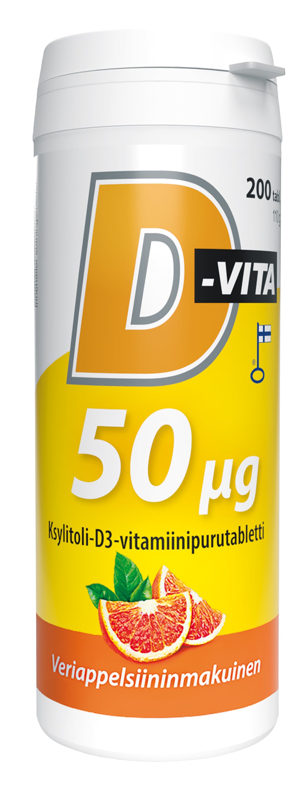 D-Vita 50 µg veriappelsiininmakuinen 200 tabl ksylitoli-D3-vitamiinipurutabletti, Vitabalans