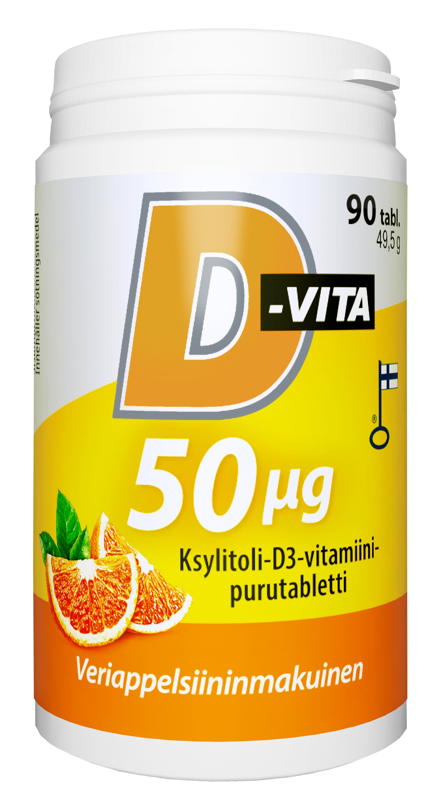 D-Vita 50 µg veriappelsiininmakuinen 90 tabl ksylitoli-D3-vitamiinipurutabletti, Vitabalans