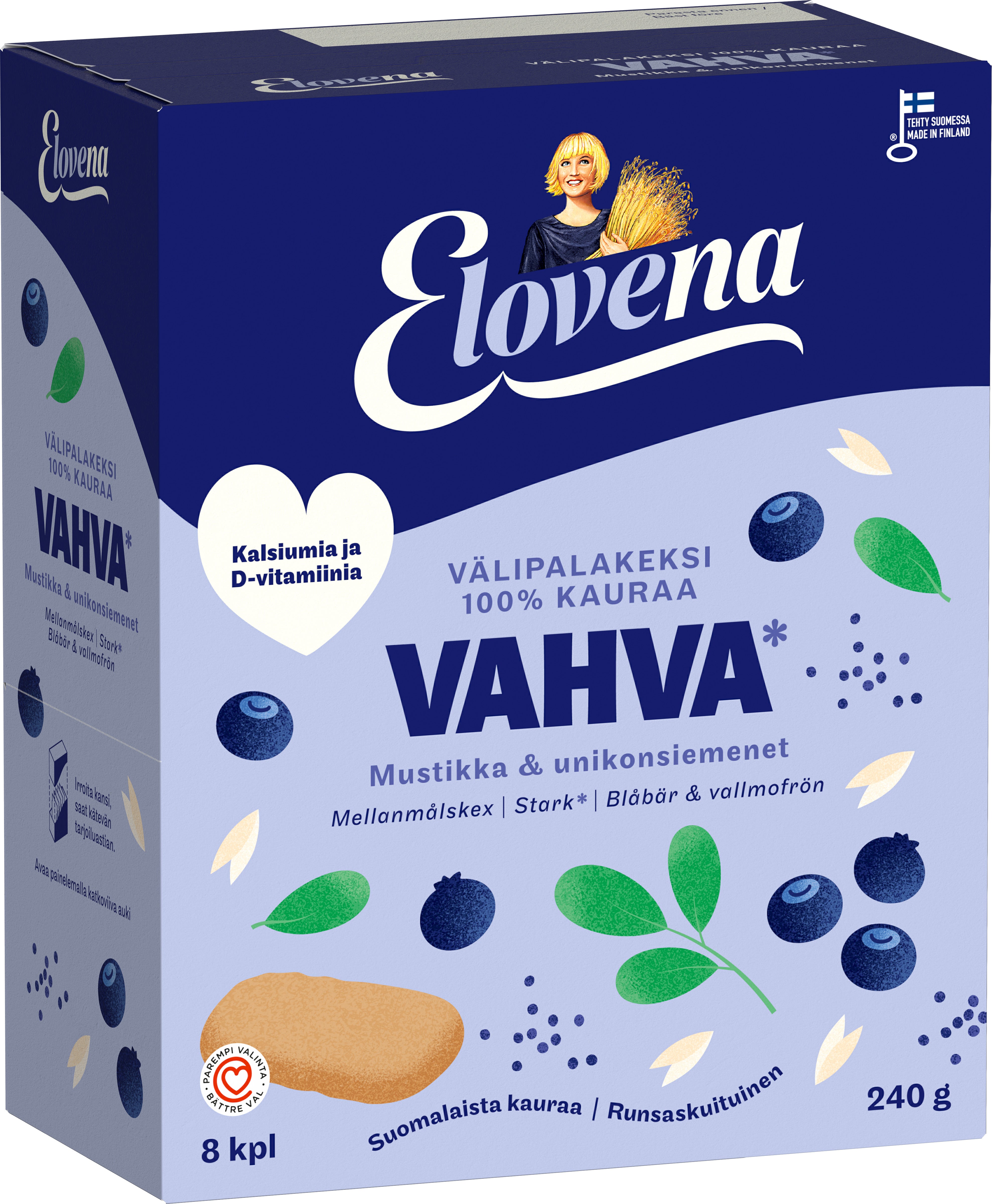 Elovena 8x30g vahva mustikka & unikonsiemenet täysjyvävälipalakeksi