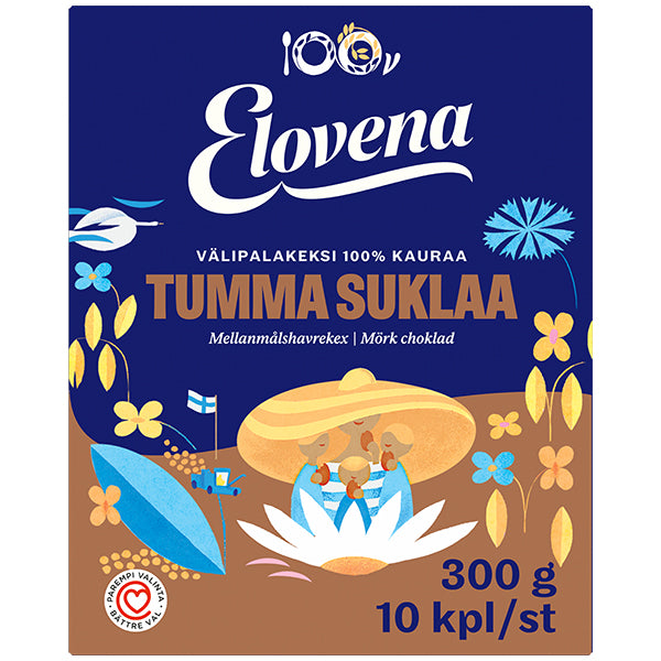 Elovena 10x30g tumma suklaa täysjyvä välipalakeksi 100% kauraa