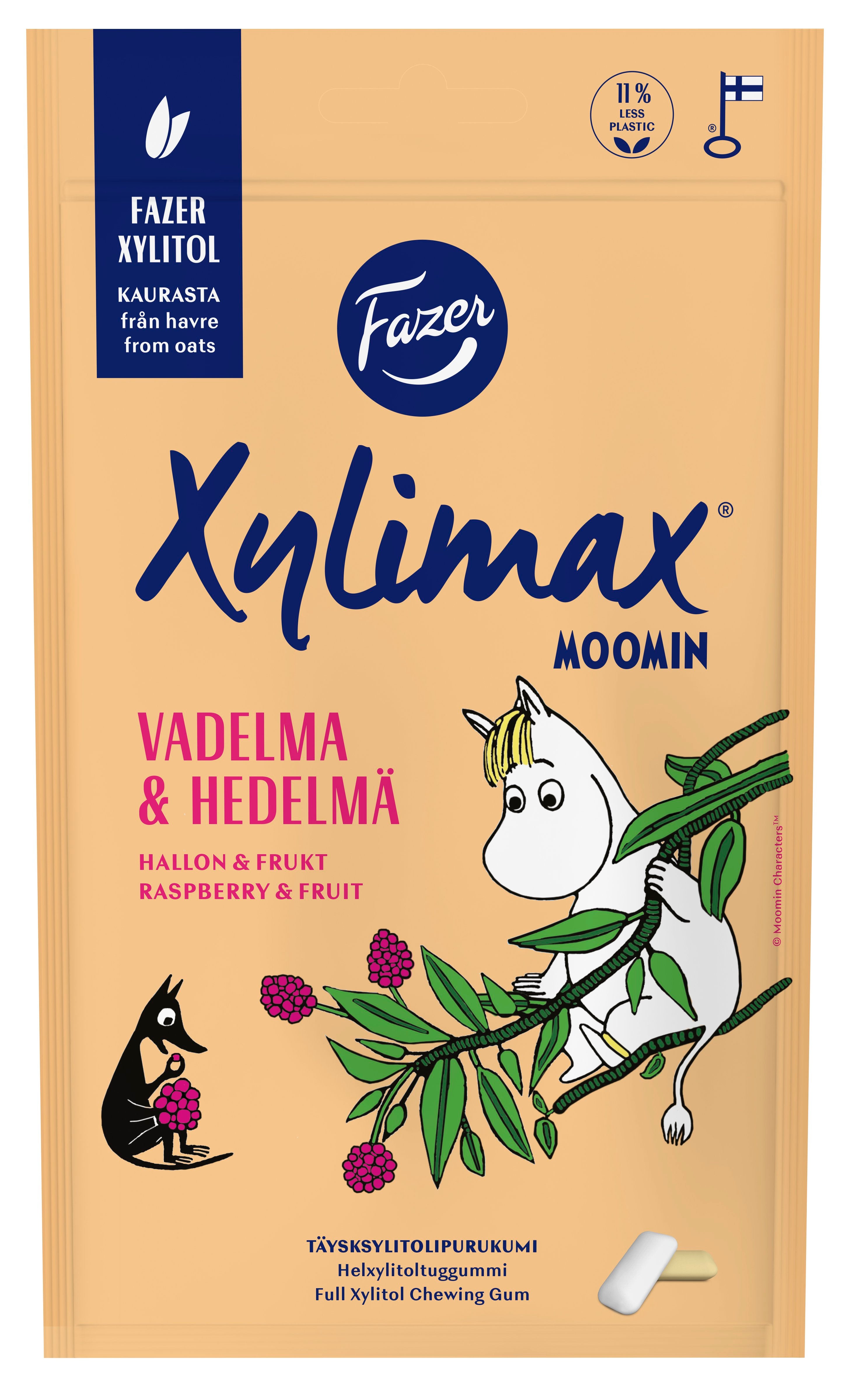 Fazer Xylimax Moomin Vadelman ja hedelmänmakuinen täysksylitolipurukumi 100g
