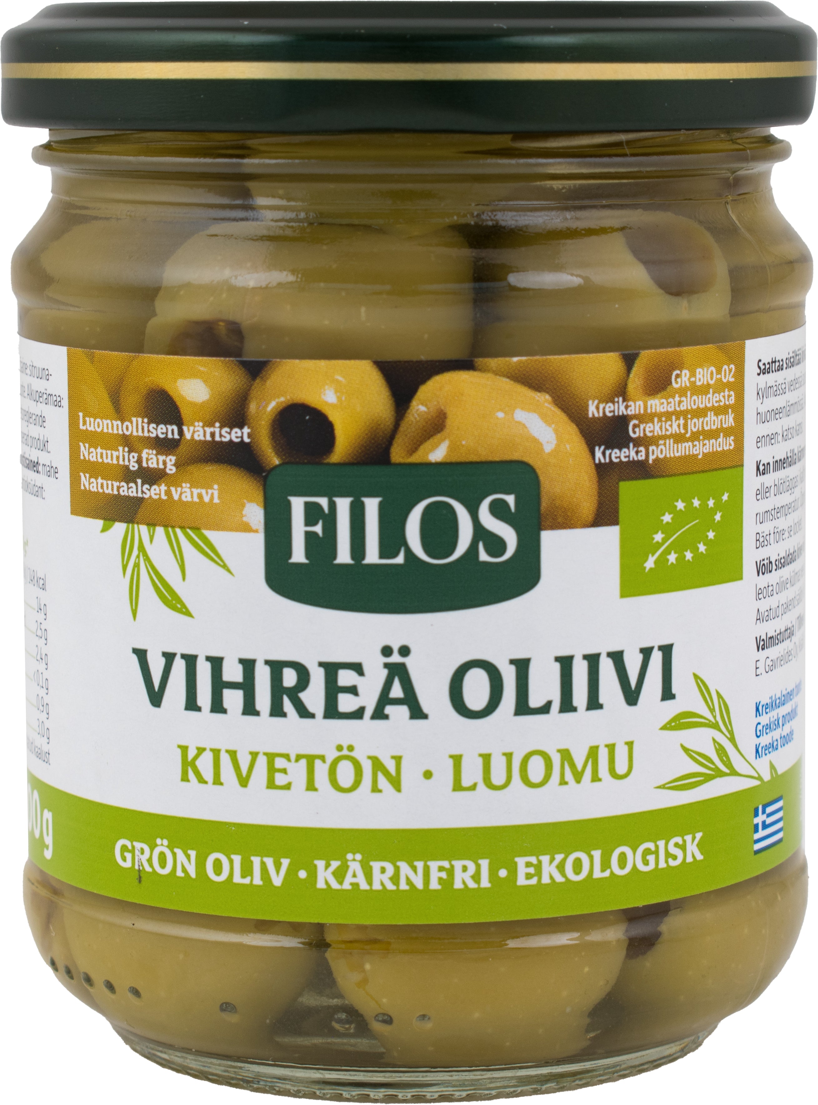 Filos vihreä kivetön luomuoliivi suolavedessä 200/100g