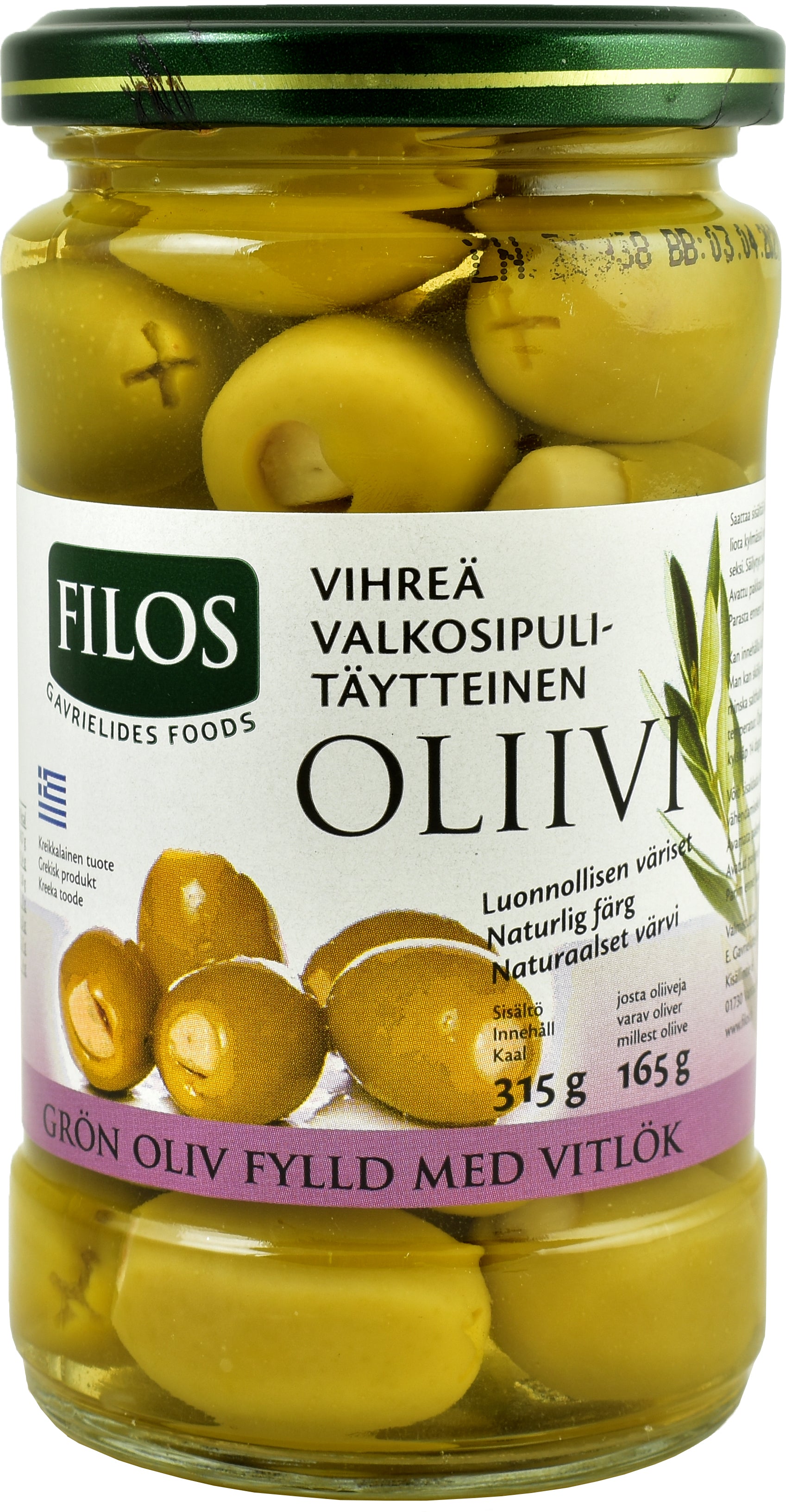 Filos 315/165g vihreä kivetön valkosipulitäytteinen oliivi