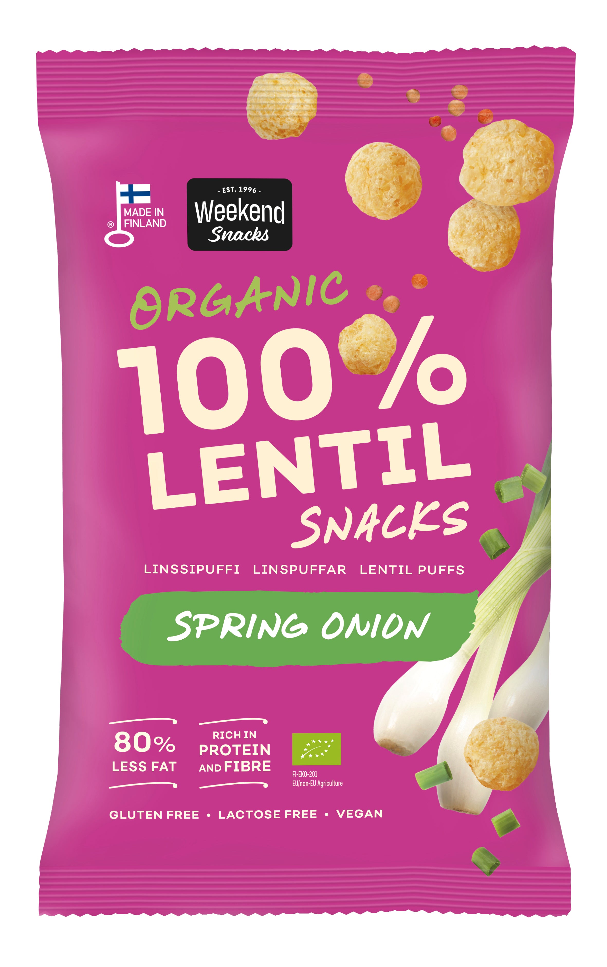 Weekend Snacks Kevätsipulinmakuinen puffattu luomu linssisnacks 45g
