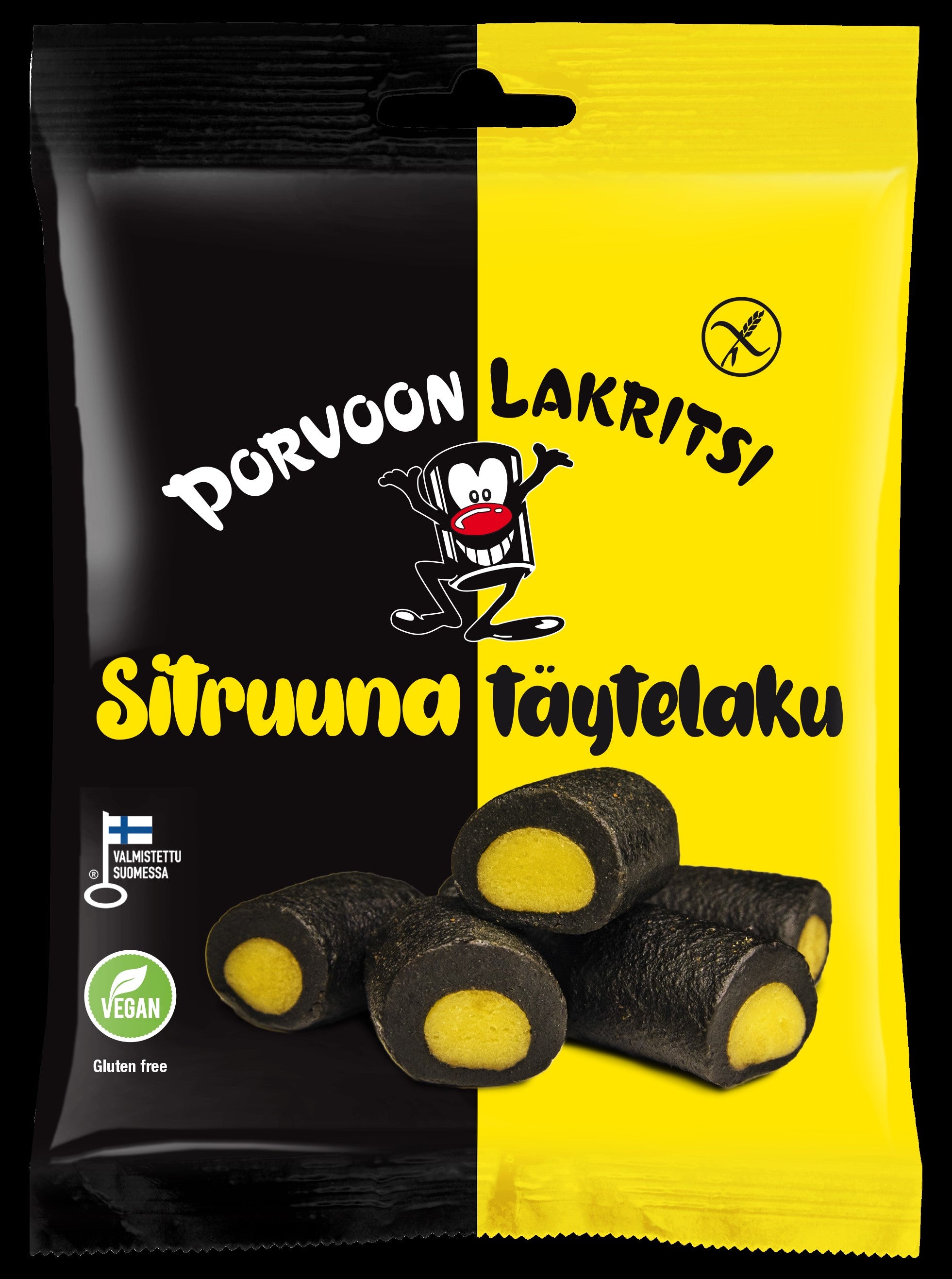 Porvoon Lakritsi Gluteeniton täytelakritsi sitruuna150g sitruunanmakuinen täytelakritsi