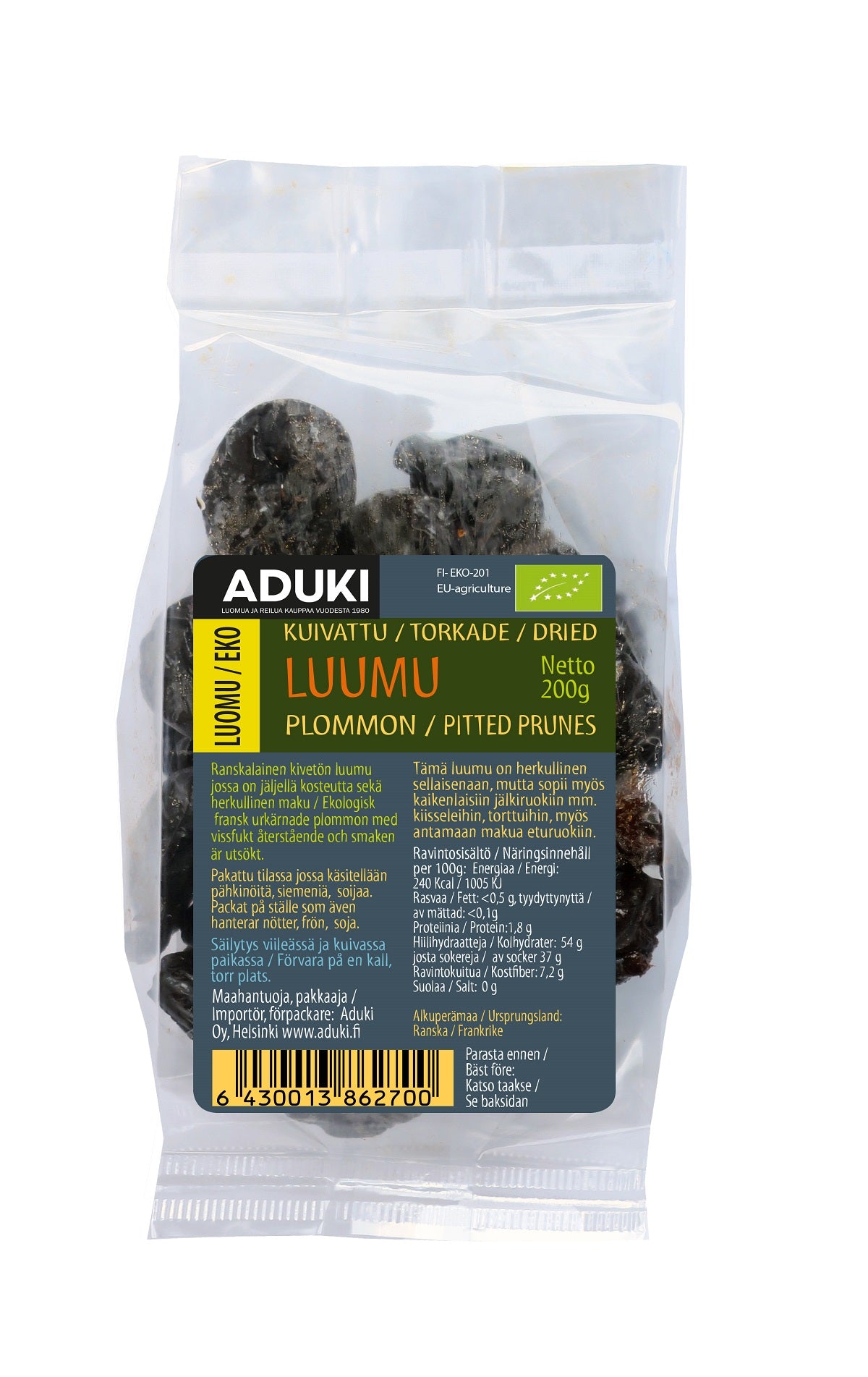Aduki Luomu Kuivattu kivetön luumu 200g