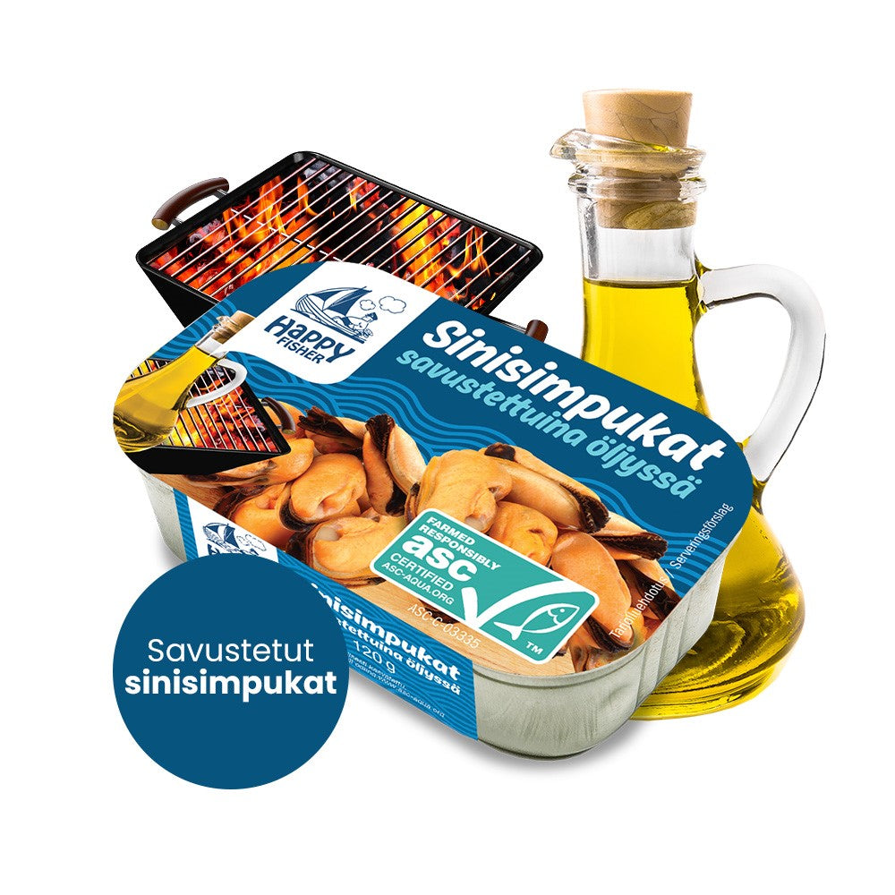 Happy Fisher Sinisimpukat savustettuina öljyssä ASC 120g