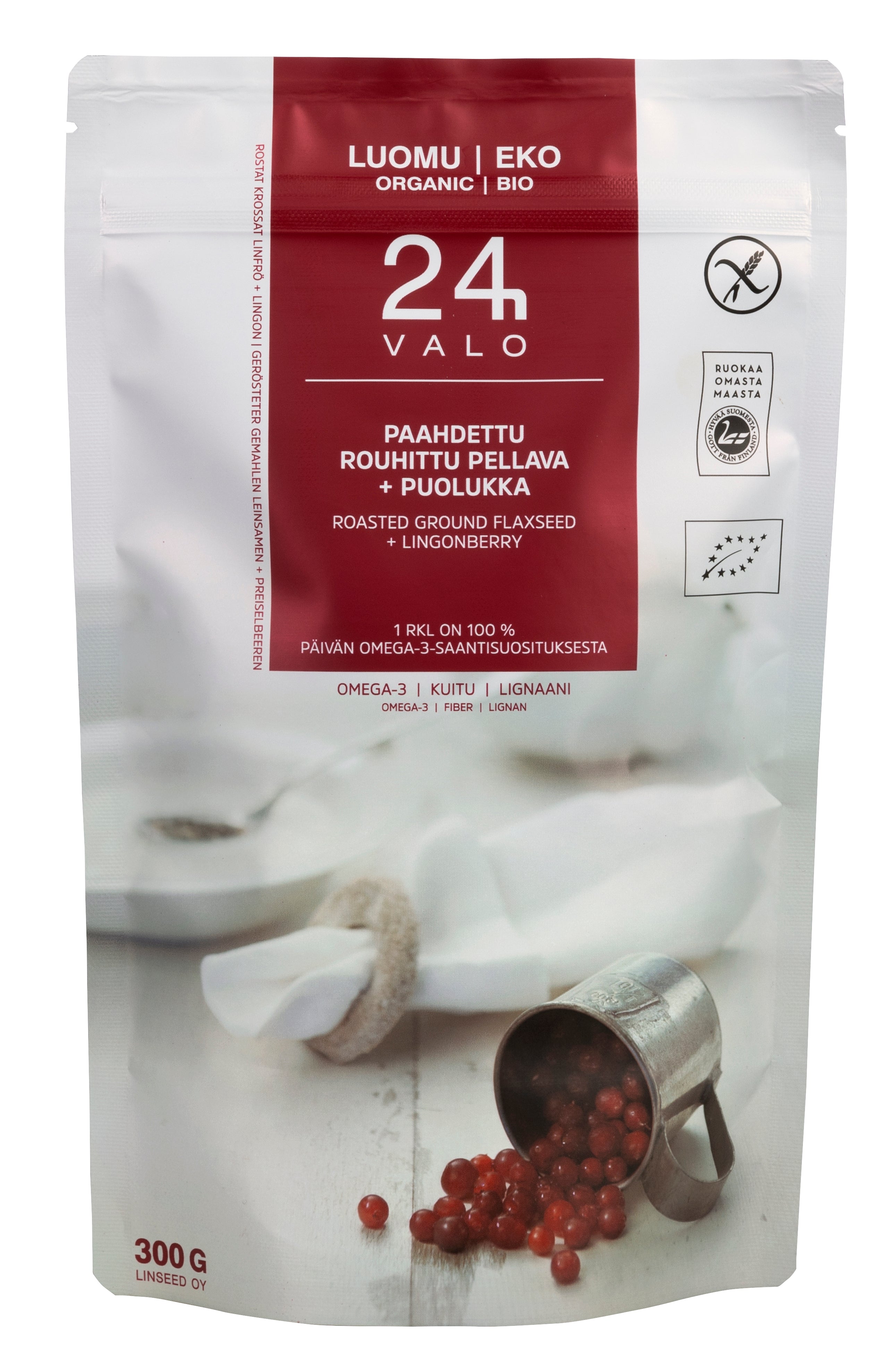 VALO24h luomu paahdettu rouhittu pellava + puolukka 300g