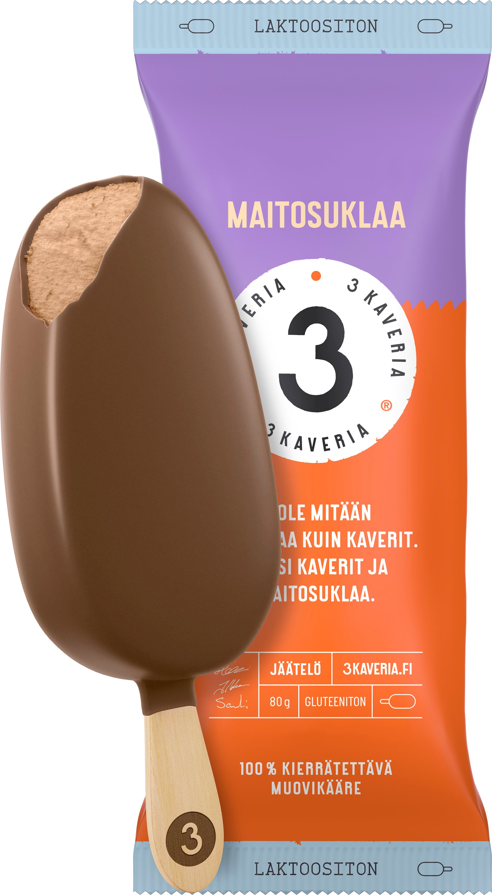 3 Kaveria Laktoositon Maitosuklaa jäätelöpuikko 110ml/80g
