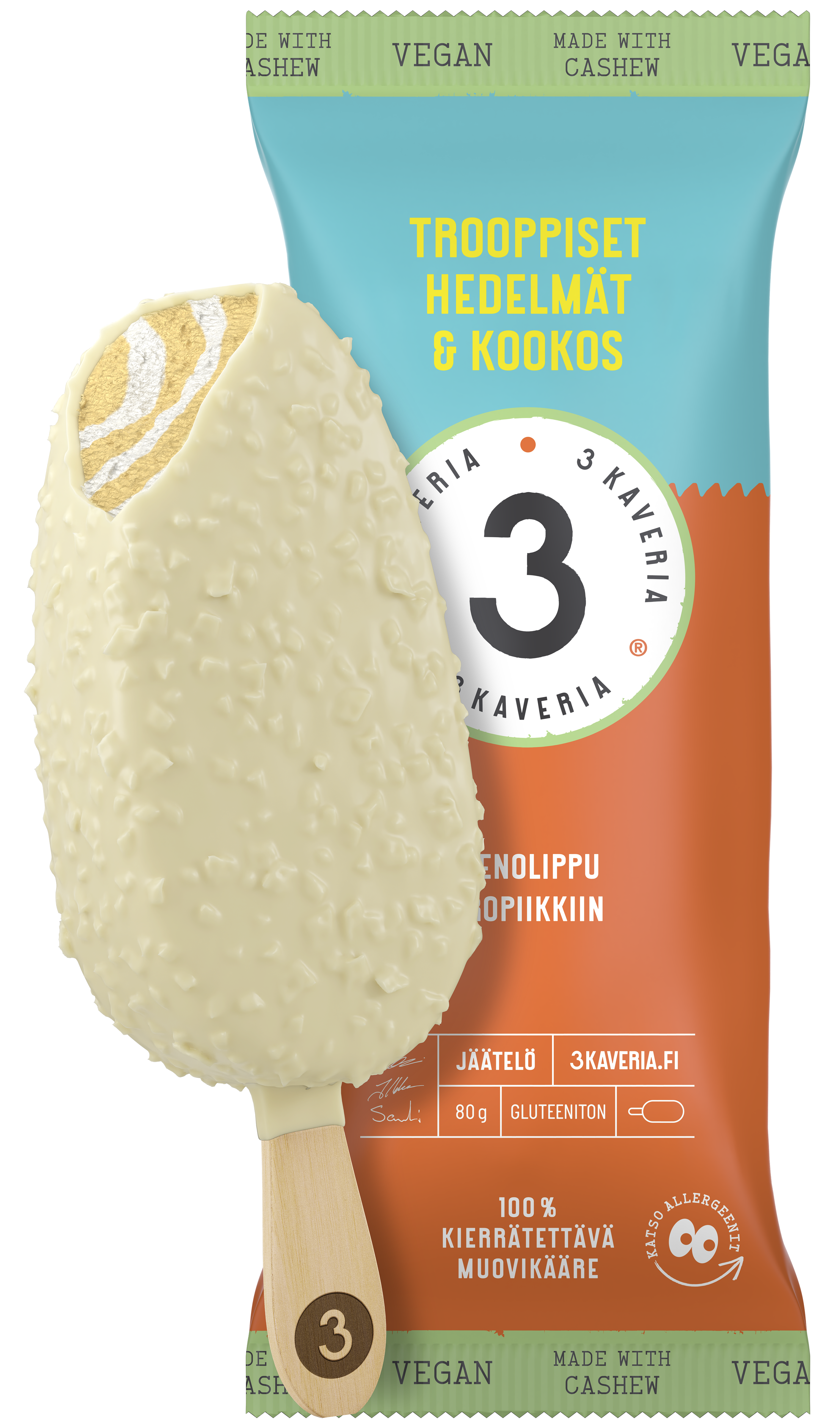 3 Kaveria Vegaaninen Trooppiset hedelmät & Kookos jäätelöpuikko 110ml/80g