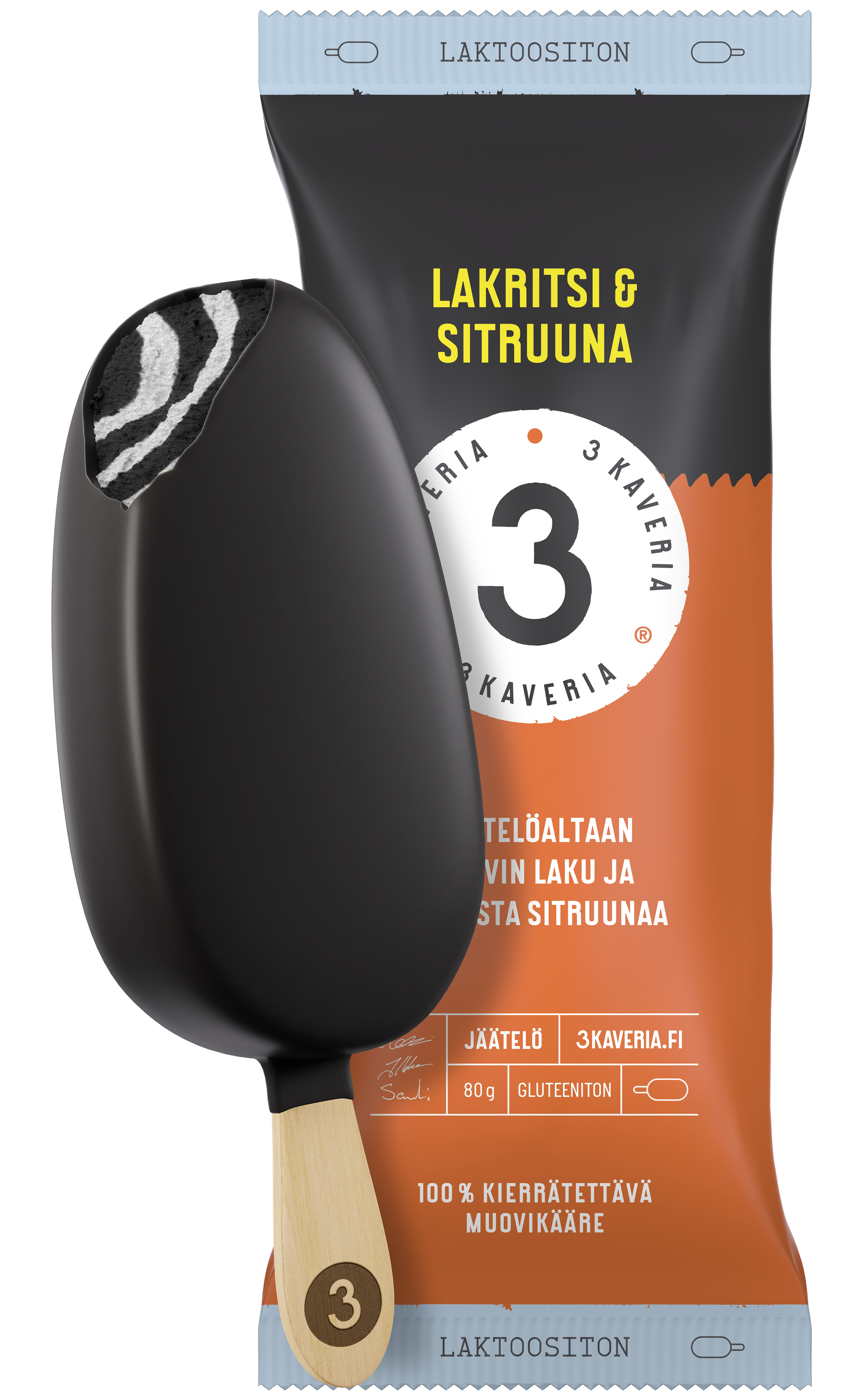 3 Kaveria Laktoositon Lakritsi & Sitruuna jäätelöpuikko 110ml/80g