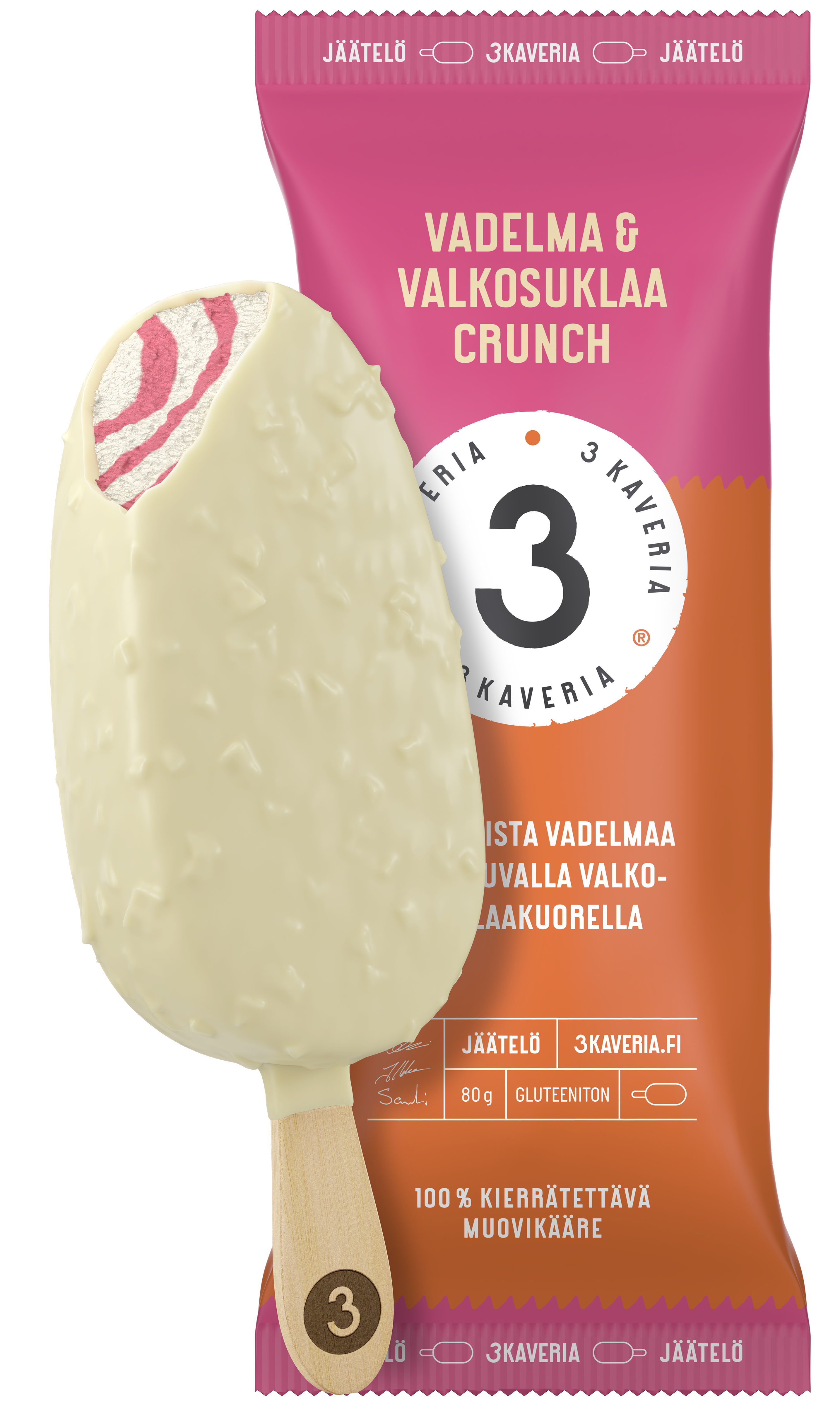 3 Kaveria Vadelma & Valkosuklaa Crunch jäätelöpuikko 110ml/80g