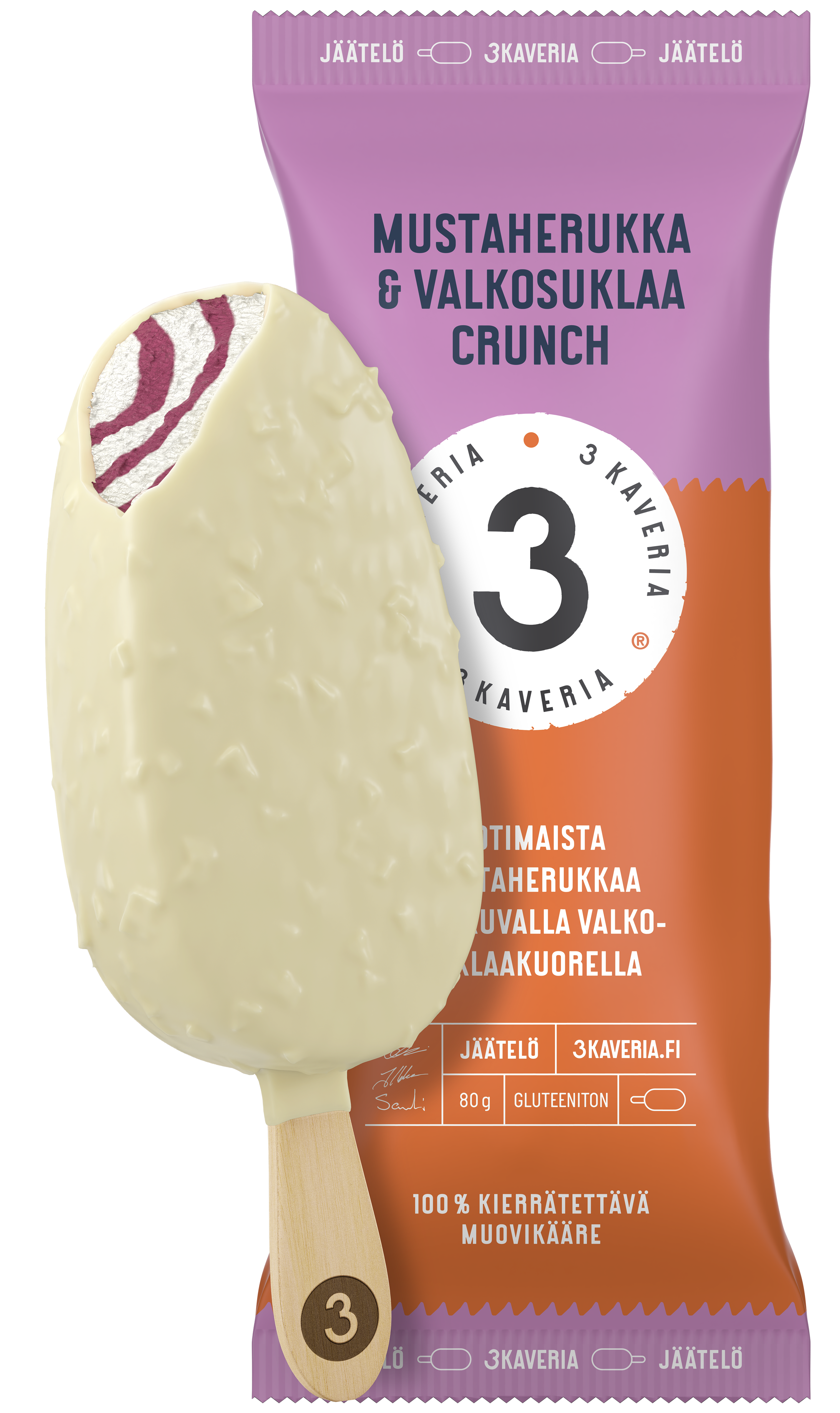 3 Kaveria Mustaherukka & Valkosuklaa Crunch jäätelöpuikko 110ml/80g