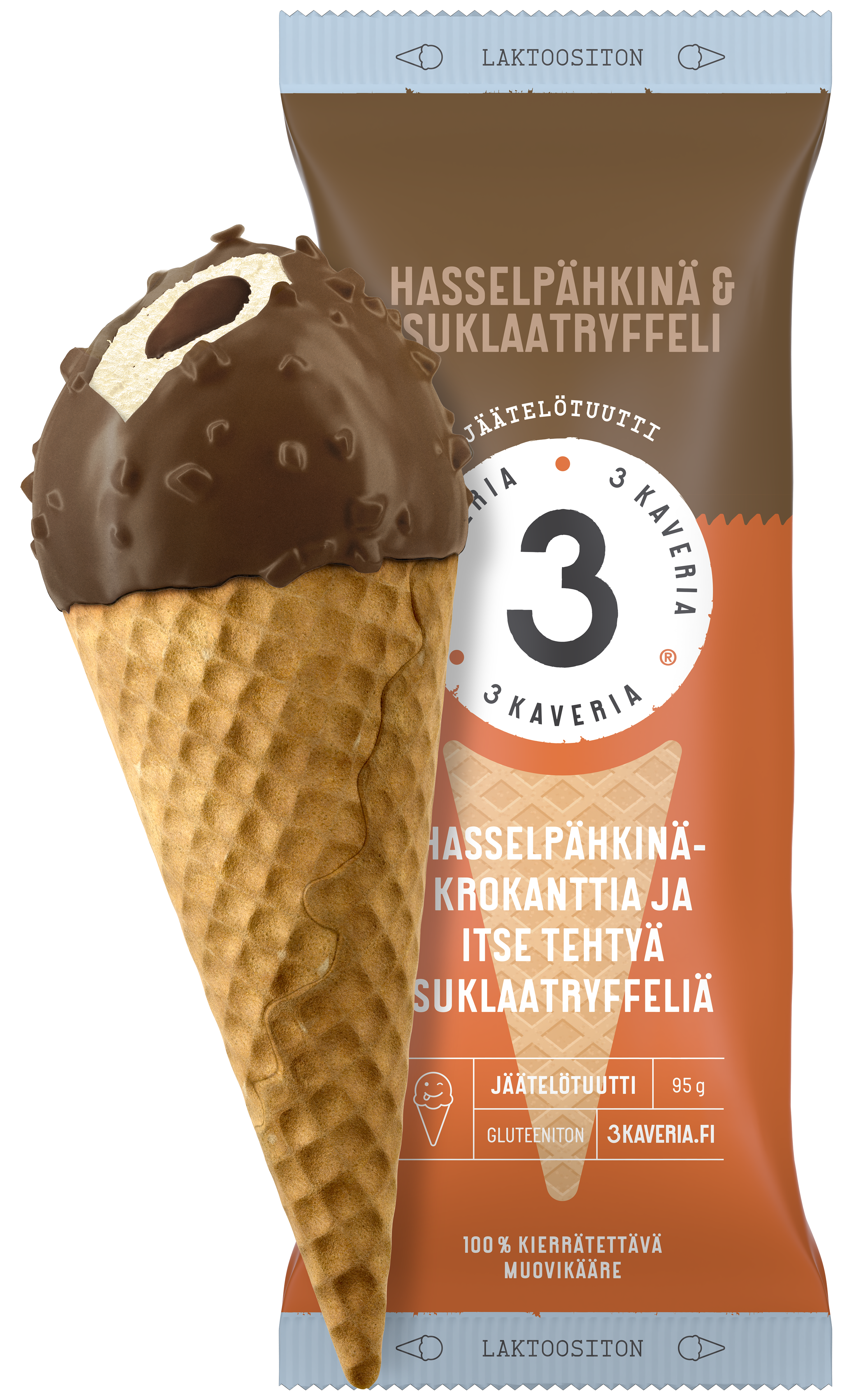 3 Kaveria Laktoositon Hasselpähkinä & Suklaatryffeli jäätelötuutti 150ml/95g