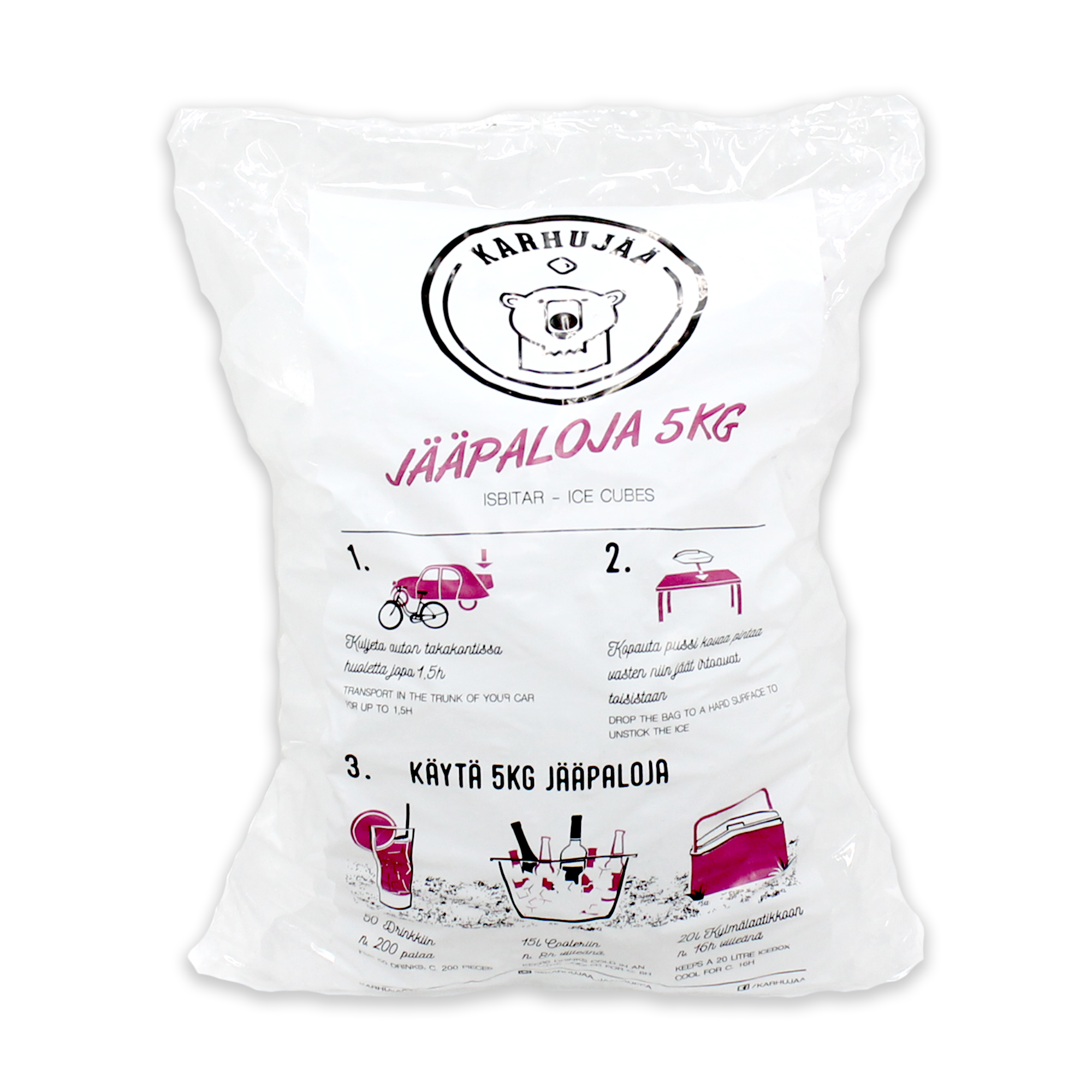 Karhujää kristallinkirkkaat pakaste jääpalat 5 kg pussissa